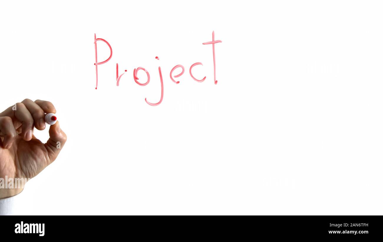 Mot du projet sur le verre, la main de feutre, pan, le développement des entreprises de démarrage Banque D'Images