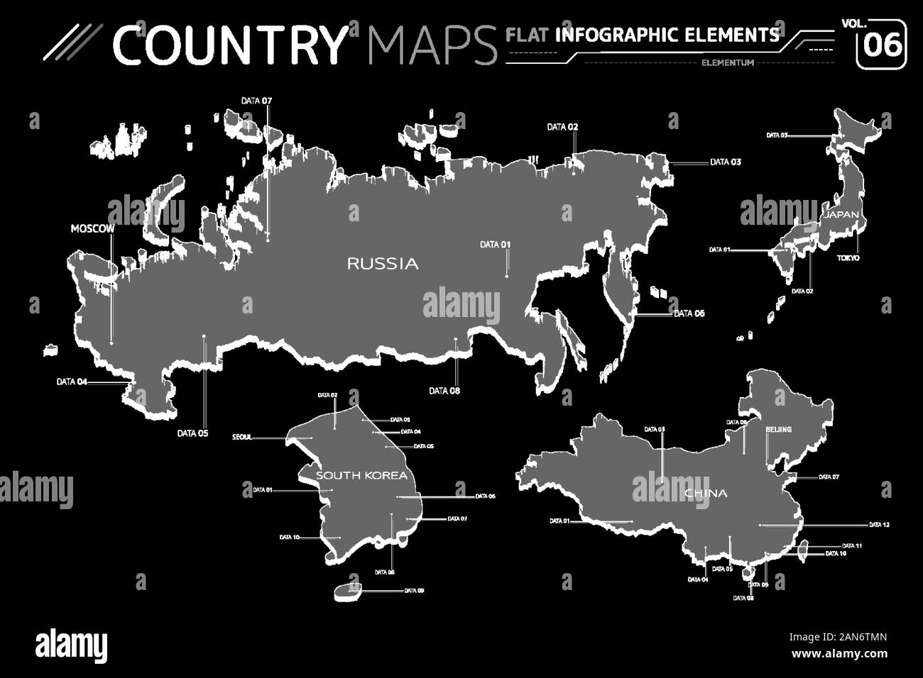 La Russie, le Japon, la Chine et la Corée du Sud de cartes vectorielles Illustration de Vecteur