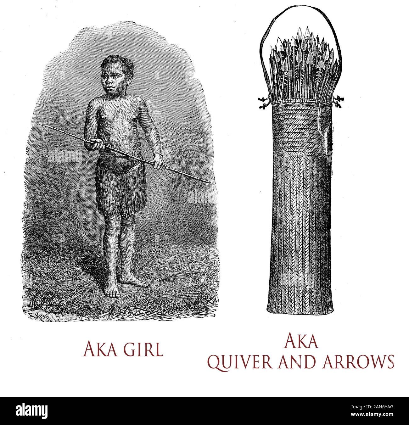 Aka girl et carquois avec flèches. Aka les gens sont une tribu de pygmées nomades, une société de chasseurs-cueilleurs traditionnels avec des liens très forts dans la famille et vivre en Afrique Centrale Banque D'Images