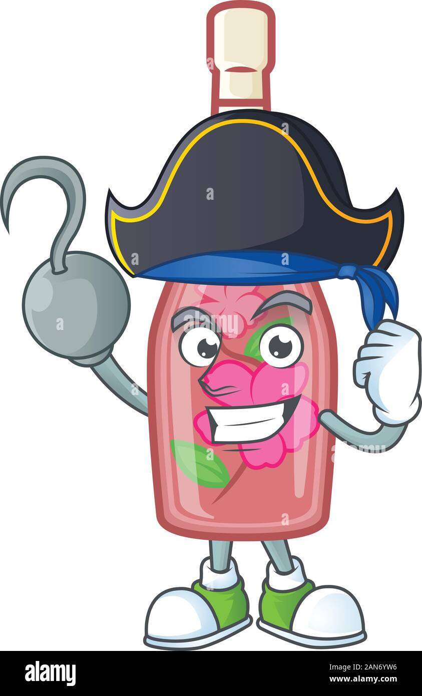 Une main fraîche vin bouteille rose Pirate personnage wearing hat Illustration de Vecteur