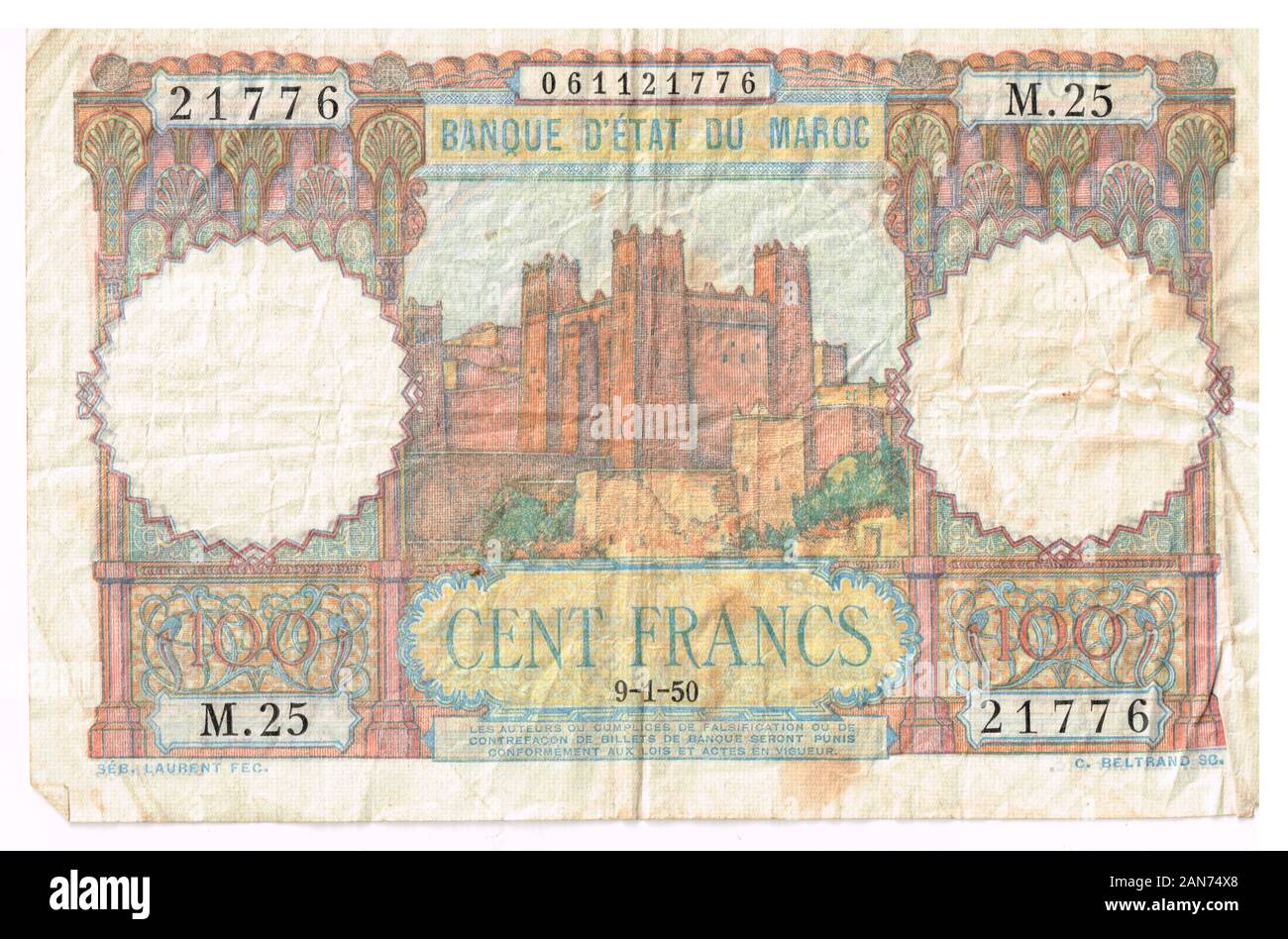 Billet de 100 francs français, Marocain Maroc Banque D'Images