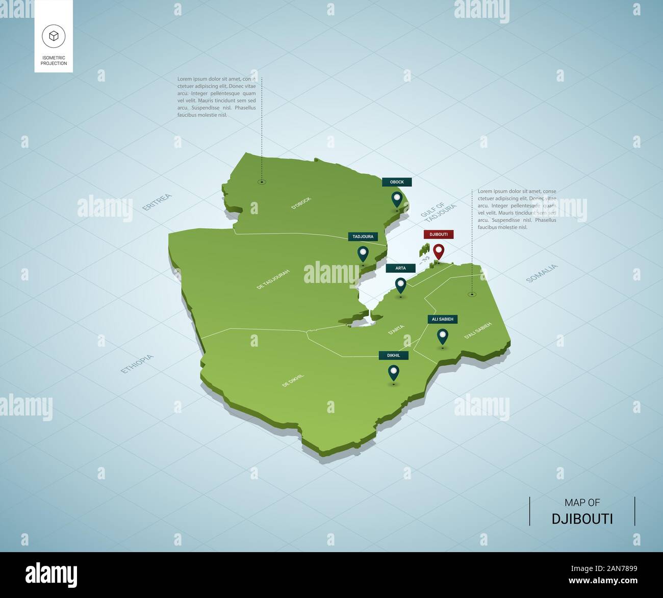 Carte stylisée de Djibouti. 3D isométrique carte verte avec des villes, des frontières, des capitaux, des régions. Vector illustration. Couches modifiables clairement étiquetés. English Illustration de Vecteur
