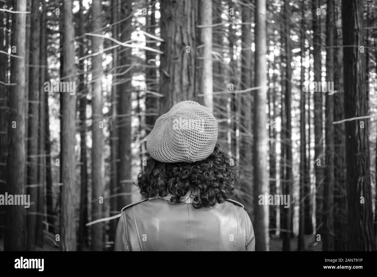 Femme portant une veste en cuir marron et vert télévision à chapeau rond à la forêt à l'arbre en noir et blanc Banque D'Images