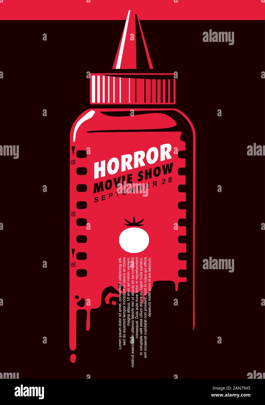 Voir l'affiche du film d'horreur avec idée créative bouteille de ketchup et de bande de film. Faux sang concept. Vecteur cinéma art. Illustration de Vecteur