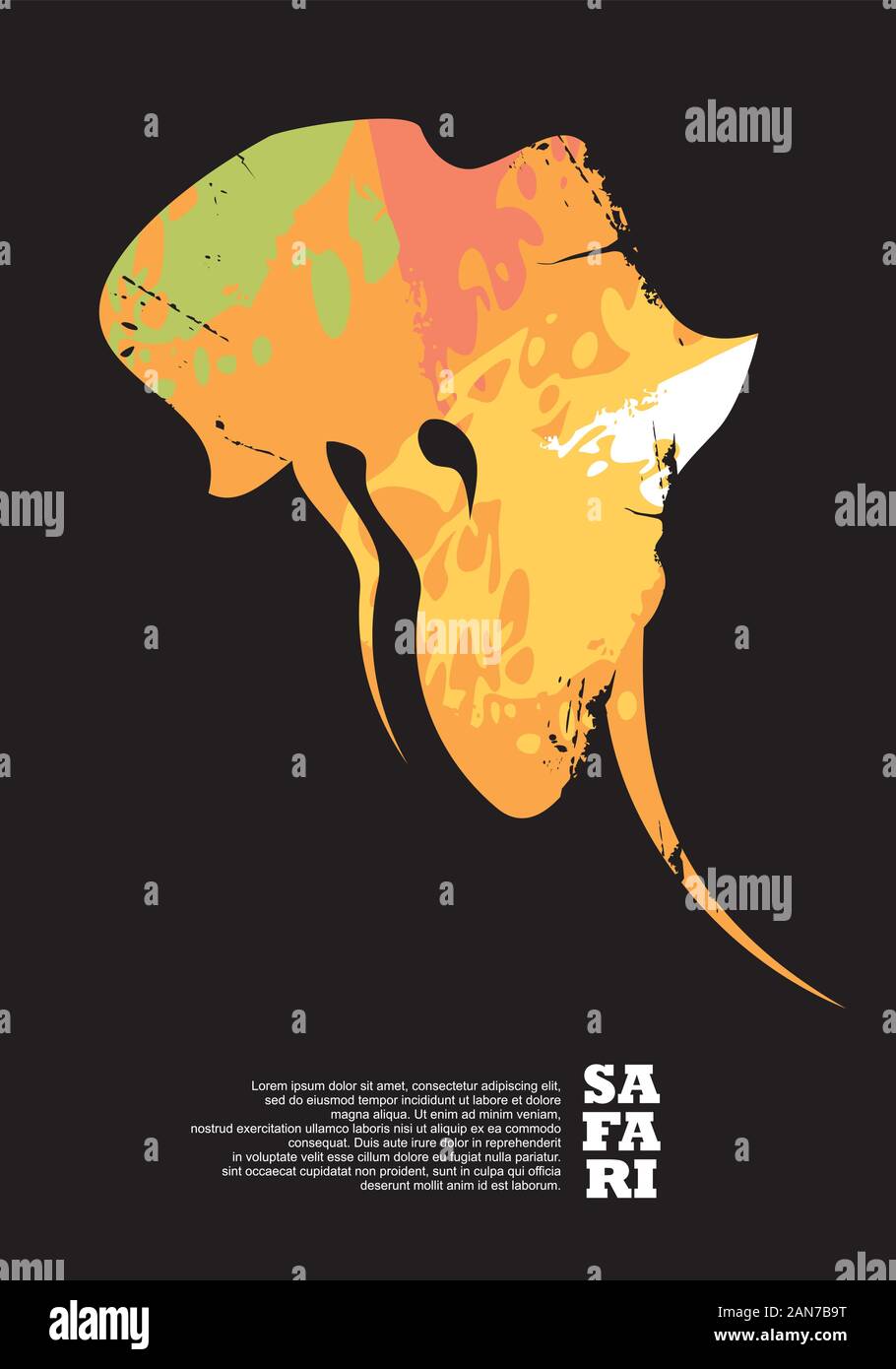 La conception d'affiches de voyage Safari avec tête d'éléphant et de l'Afrique continent forme. La faune et aventures promo flyer mise en page. Vecteur de création bannière unique Illustration de Vecteur