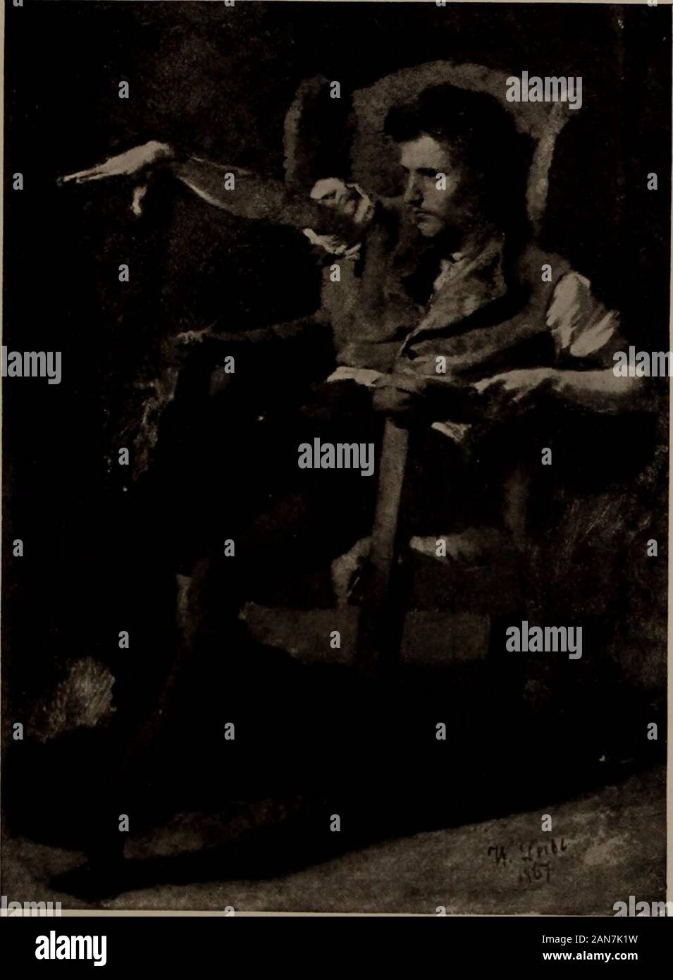 De précieuses images par affaires et maîtres américains . gly marqués, est pleine, véhiculés à engagés dans une seule répétition. Il est assis dans un haut et lourd, gainé de cuir, fauteuil ailé, AEC-ing vers la gauche et vu les deux tiers avant. Main Withleft sur le bras du fauteuil, et bien assis il backin, il étend sa main droite à bout de bras, thefingers propagation et inclinés vers le bas, regard hissteady où s'adresse, comme s'il addressinga société au-dessous de lui l'objet de déclarations discours. Un stronglight tombe sur lui. Il porte des collants rouge et un manchon-veste gris moins, révélant le s Banque D'Images