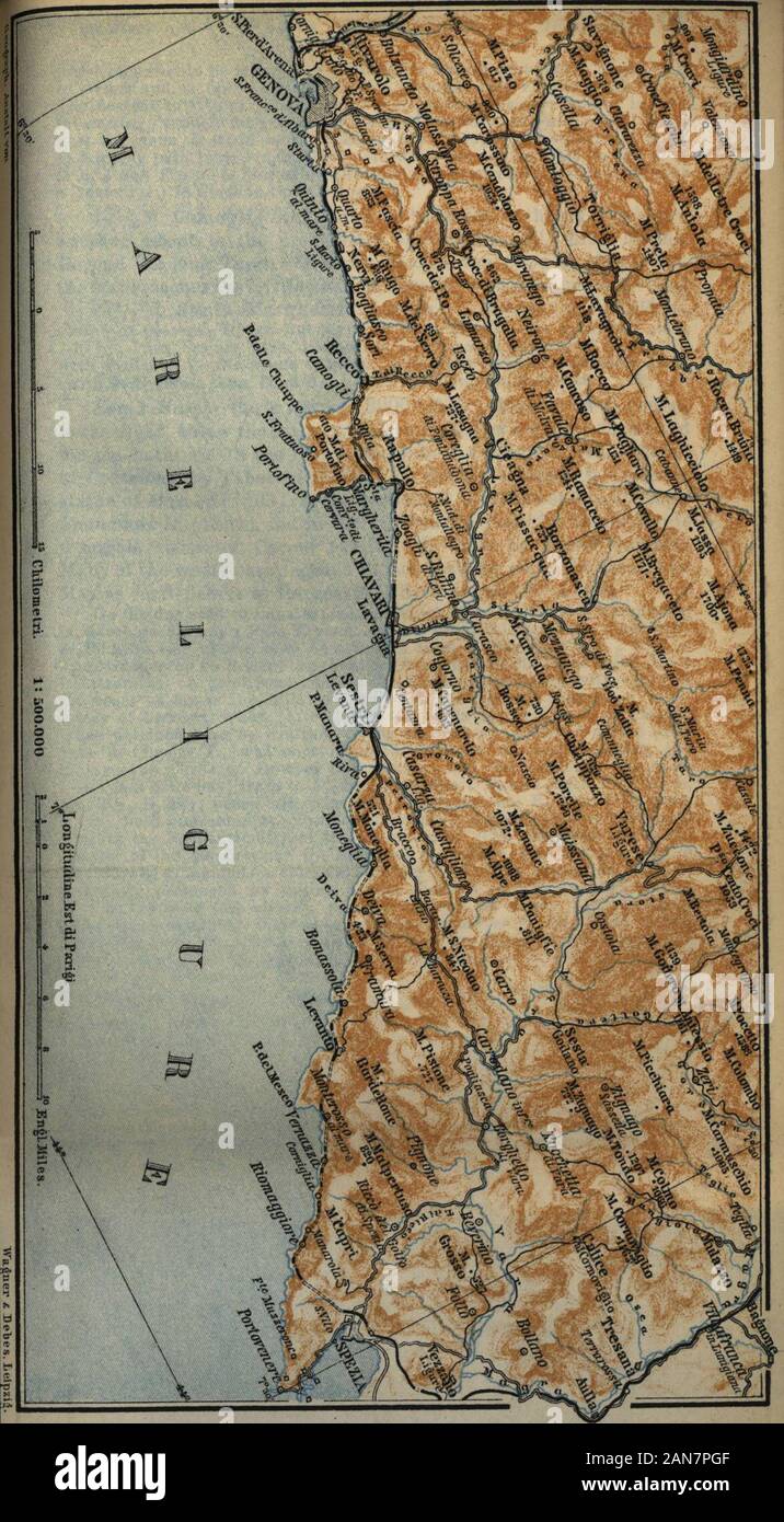 Italie : un manuel pour travellersFirst (partie nord de l'Italie) . nd de la Riviera di Ponente et les Alpes Ligures surle W. Le sentier (simplifiée) peut être choisi pour la descente. - Theascent de Monte Fascia (2730 pi. ; 2y2 heures.) est aussi en vaut la peine. Les nombreux tunnels qui suivent désormais tristement interférer avec theenjoyment d'avis. - 9 M. ; Bogliasco 9l/2 M. Pieve di Sori;10y2 M. Sori, magnifiquement situé, avec une noble du mer andvalley du viaduc qui passe au-dessus de la ville et ri-vulet. - 13 M. modeste Becco (INN). De Recco à Ruta, 21/-i M. ; omnibus (1/2 fr.) et les chariots ( Banque D'Images