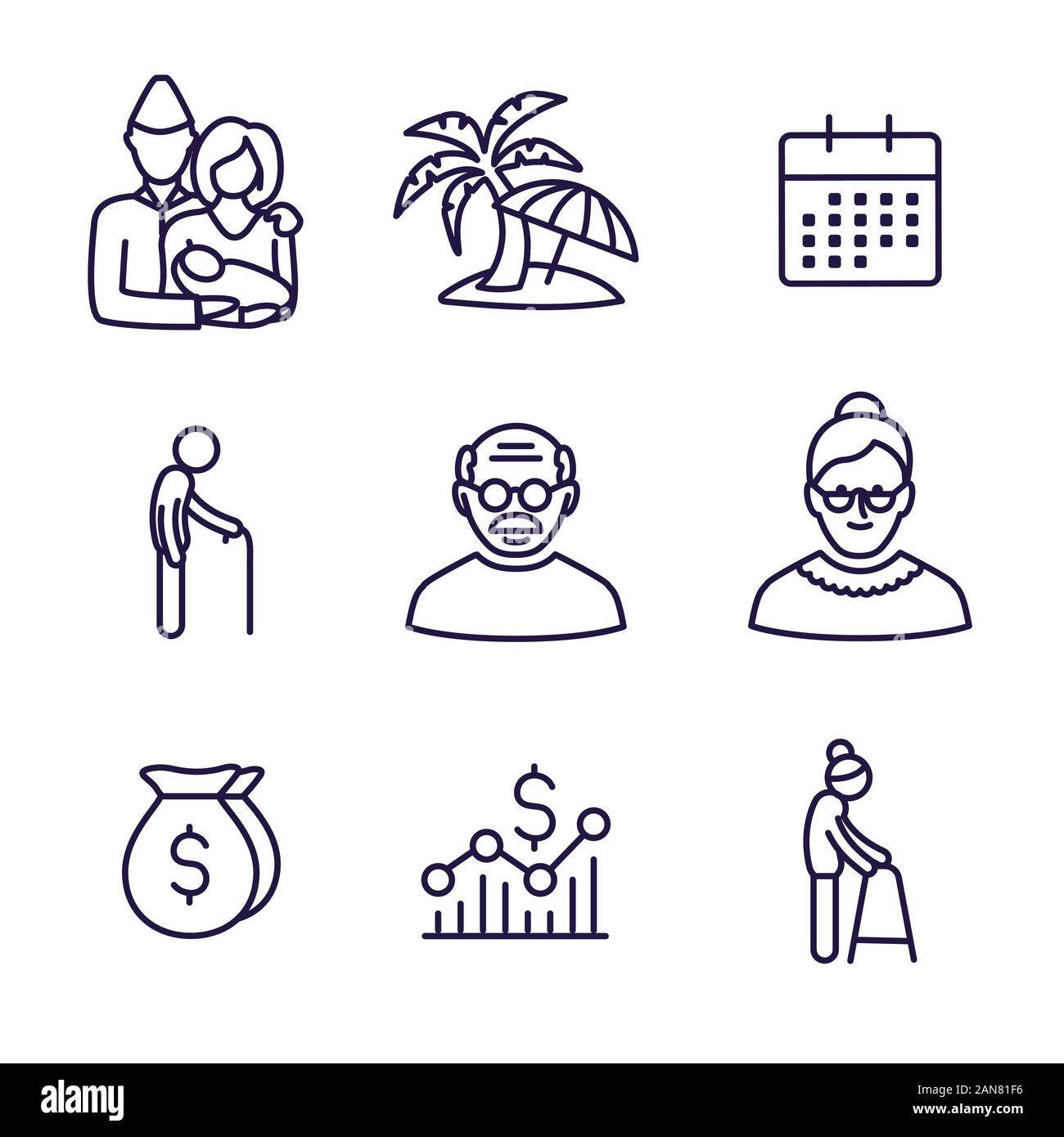 Générations : Années d'or Icon Set avec calendrier de la retraite , l'argent, etc. Illustration de Vecteur