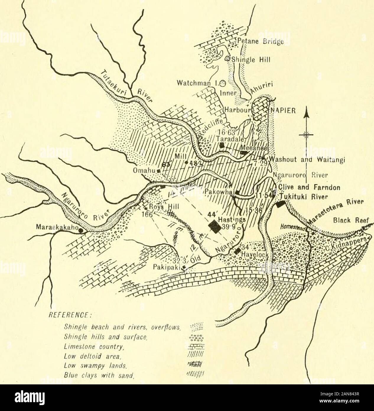 Les transactions et les travaux de l'Institut néo-zélandais . ], Ngaruroro et Tutaekuri-.2j- Tukituki. Plaine HERETAUNGA.-Hill. Trans. N.Z. Inst., vol. XXXVII. Pl. XXXVII. Carte topographique et géologique de Heretaunga Plain,montrant région deltoïdienne.. Référence : plage de galets et les rivières, les débordements, ?• ; ;. ; ? : ? Collines de galets et de surface, "jv.°. Pays de calcaire, faible 35 région deltoïdienne. Les terres marécageuses faible. Les argiles bleues avec du sable, si/lf/l.-PLAINE HERETAUNGA Hill. Trans. N.Z. Inst., vol. XXXVII. Pl XXXVIII. Fig. 1-kidnappeur, conglomérats, avec pierre ponce et d'argile d'appoint,hauteur, 300 ft. Banque D'Images