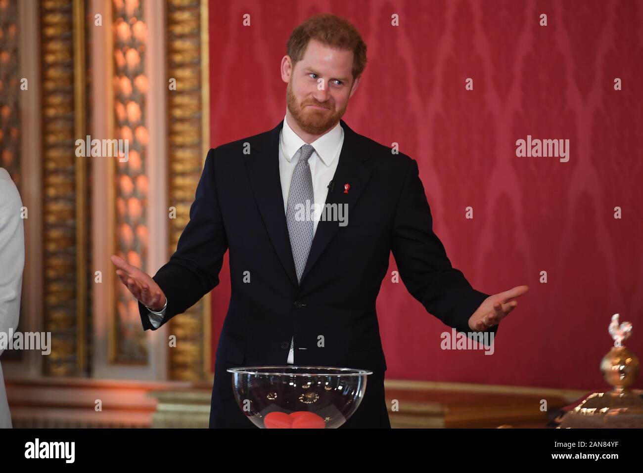 Le duc de Sussex accueille la Coupe du Monde de Rugby 2021 tire à Buckingham Palace, Londres. Banque D'Images