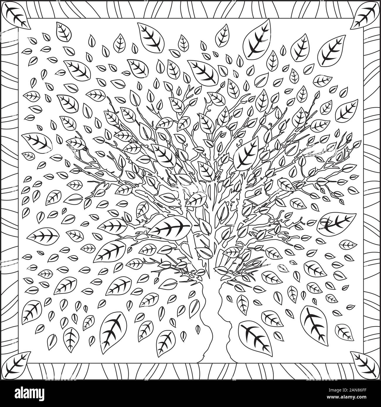 L'illustration de la page de coloriage en format carré pour les adultes, avec des feuilles d'arbres, Feuillage Design - Noir et Blanc Illustration de Vecteur