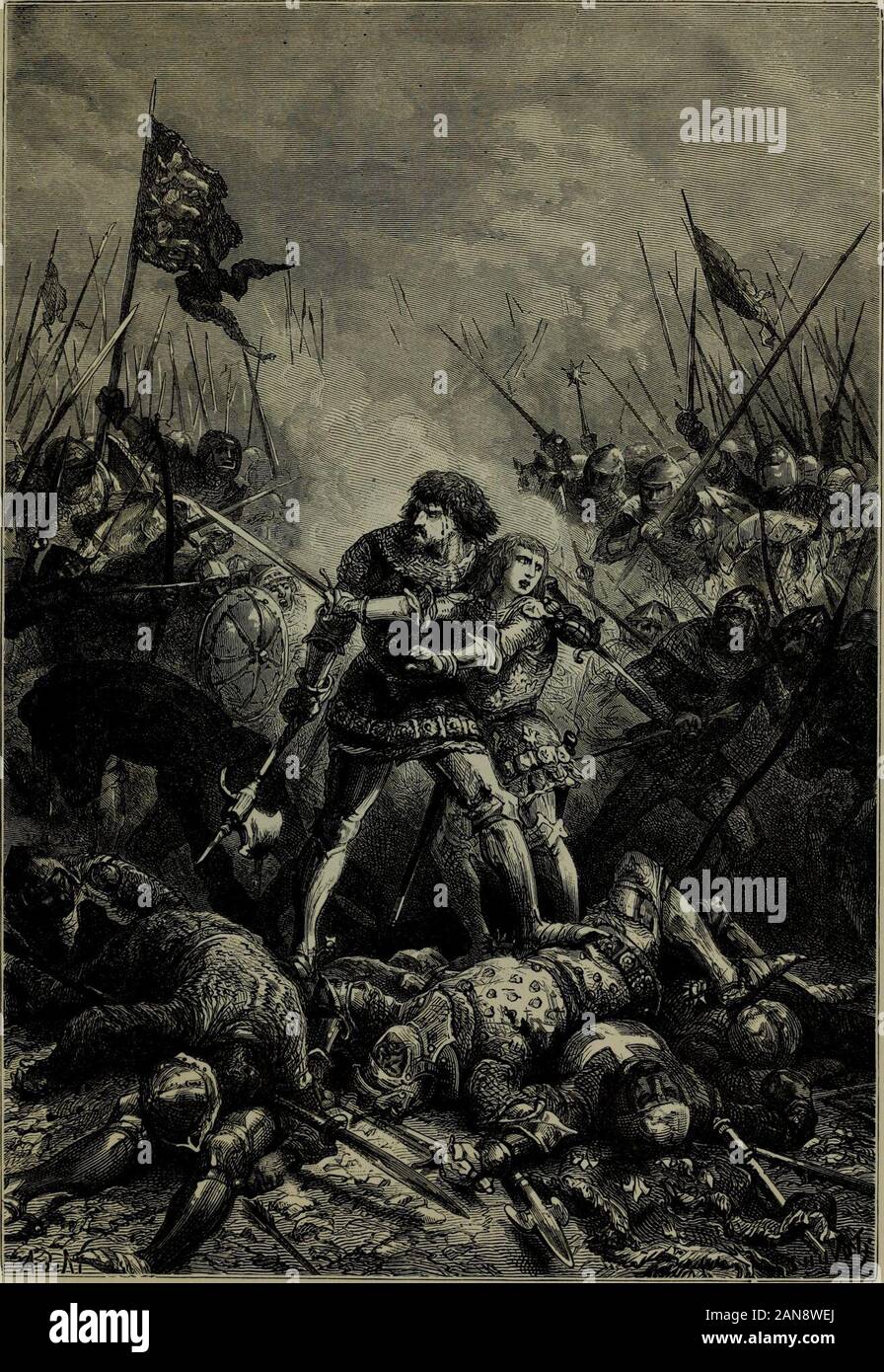 Une histoire populaire de la France : depuis les premiers temps . nei de Morbecque, Chevalier de Saint Omer, a fait hisway jusqu'au roi, et lui dit, en bon français, monsieur, monsieur, je vous prie, le rendement ! À qui je cède moi ? A déclaré John:44 où est mon cousin, le Prince de Galles ?1 Sir, rendement youtome ; je vous conduirai vers lui. Qui êtes-vous ? Denisde Morbecque, chevalier de l'Artois ; je servir le roi d'Angleterre,ne pas pouvoir vivre dans le royaume de France, car j'ai lostall je possédais là. Je cède-moi de vous, a déclaré John : andhe a donné son gant à la chevalier, qui l'emmenèrent dans themidst d'une grande presse, pour toujours Banque D'Images