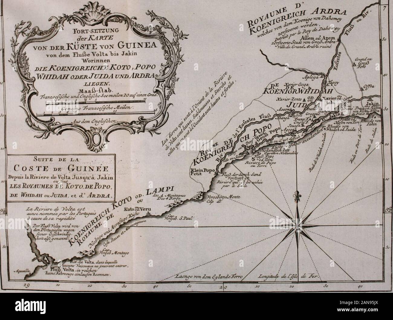 Histoire universelle depuis le commencement du monde jusqu'à présent . 2^. 337. io-SXTZUNG 40 Jo^ ^ aerKARTE xrIvUSTEvon voki&gt;GUINI:Une TlufieTolta dLem von bis J&kmAVbrinnenDIEKiOENJGKEICHXKOTO ^HTDAHoderJuijda unhAkdha ,POPO W X,l£.0Elsr. m^,Jlla aû-ftab. 1 j ?/ ?&gt ; ..1 : Ù zer/herteStuM ffrvfi^- nim von    jjusjem iSuJTi âTurlt/chcn. ; de iA , . CosTE de Guinée Depuis laRiViere cle Volta, Jaiinou Jusquà /ont -*- Les Royaumes de Koto.dePopo. DE WhIDjIH ouJvIDA. et d ArURA . OCCIDENTALE DAFRIQUE. Liv. XX Ciiap. XIV. 537Le Roi de Juida irrité de Ton ingratitude aiTeinbla une puifTante un Banque D'Images