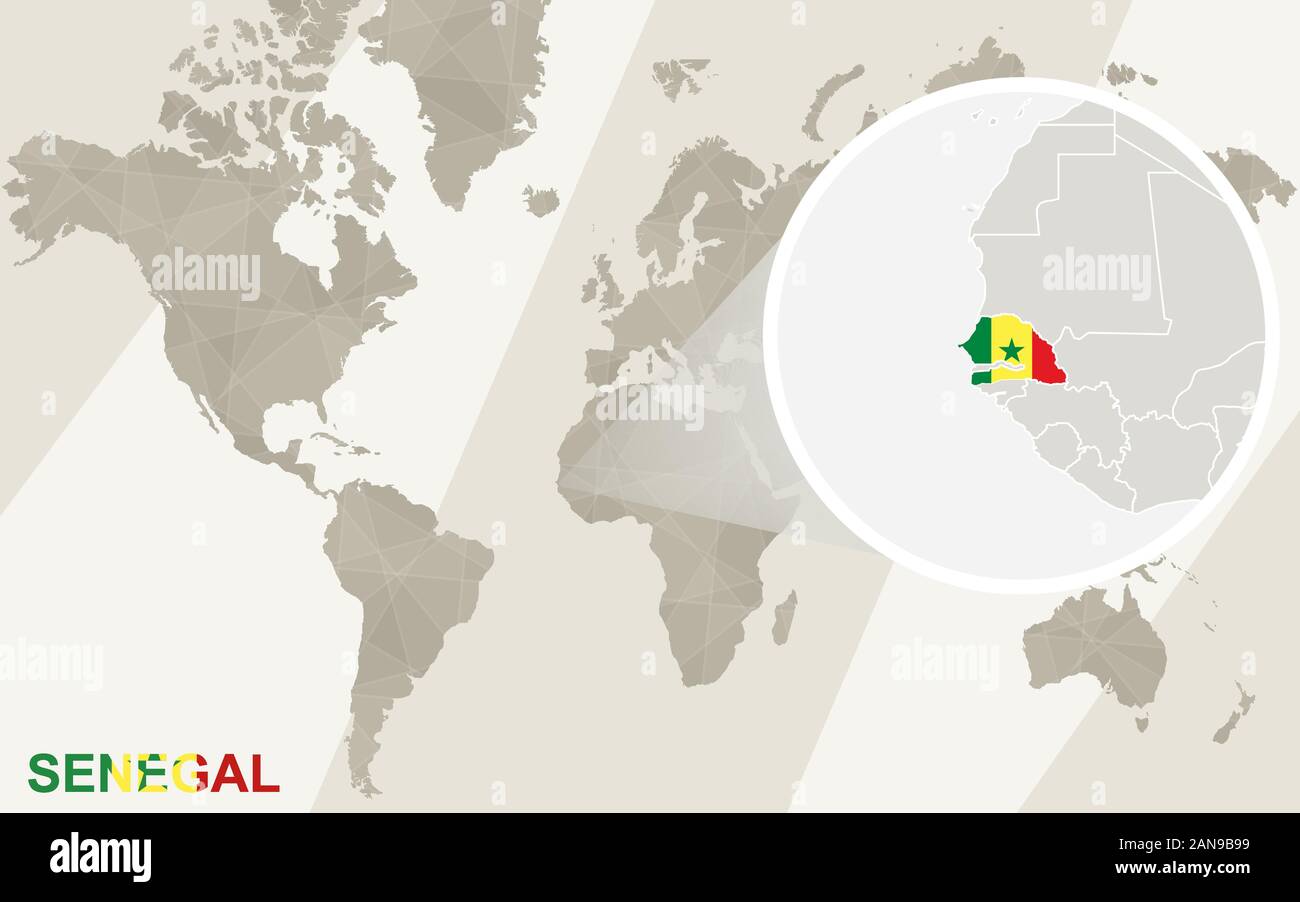Zoom sur le Sénégal la carte et drapeau. Carte du monde. Illustration de Vecteur