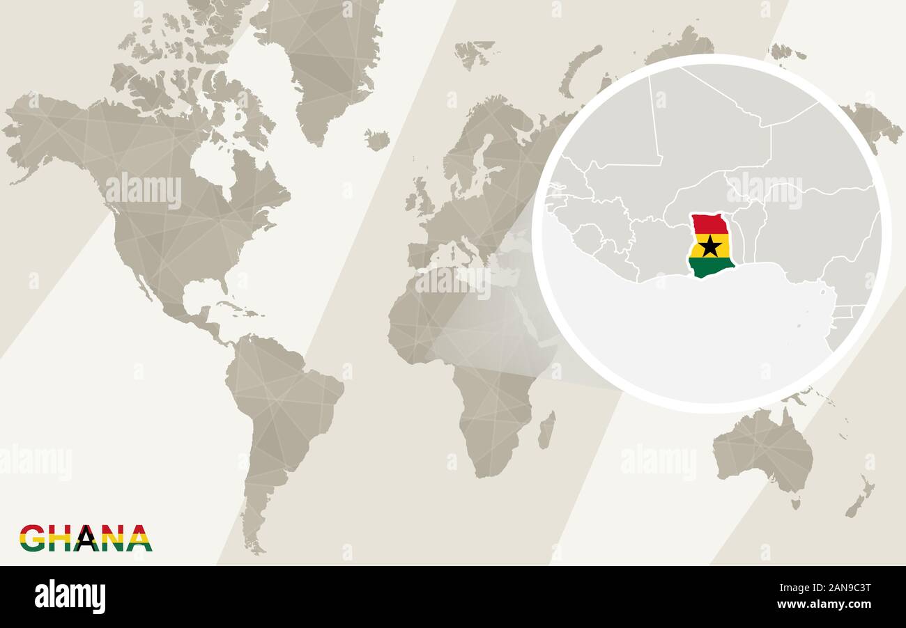 Zoom sur le Ghana la carte et drapeau. Carte du monde. Illustration de Vecteur