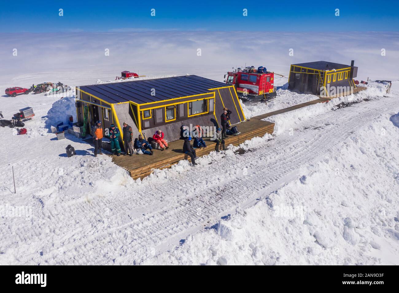 La société glaciologique expédition du printemps, Grimsvotn Hut, calotte de glace, l'Islande Vatnajokull Banque D'Images