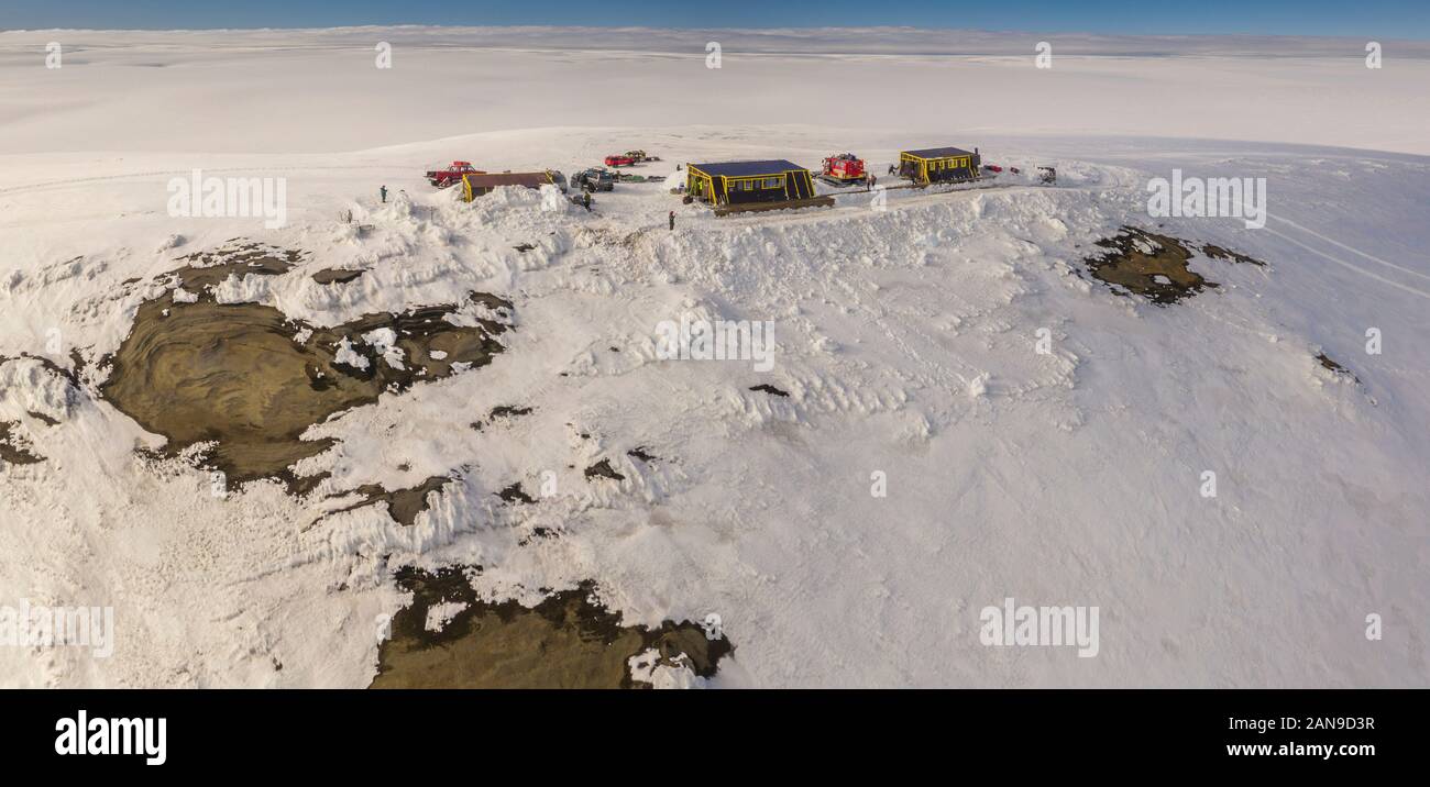 La société glaciologique expédition du printemps, Grimsvotn Hut, calotte de glace, l'Islande Vatnajokull Banque D'Images