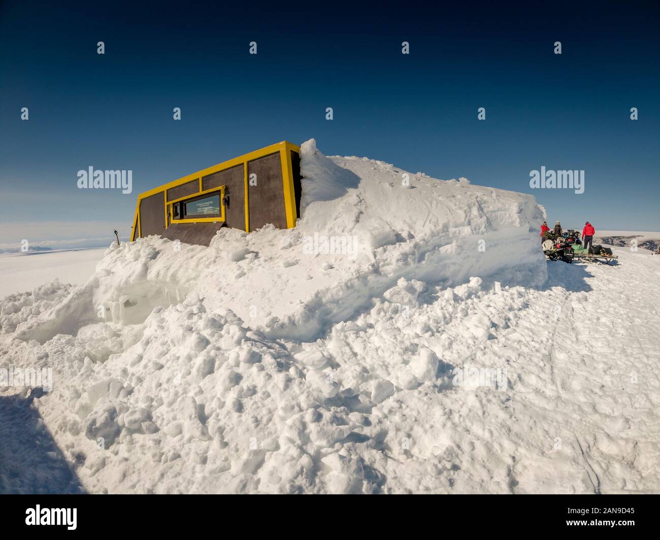 La société glaciologique expédition du printemps, Grimsvotn Hut, calotte de glace, l'Islande Vatnajokull Banque D'Images
