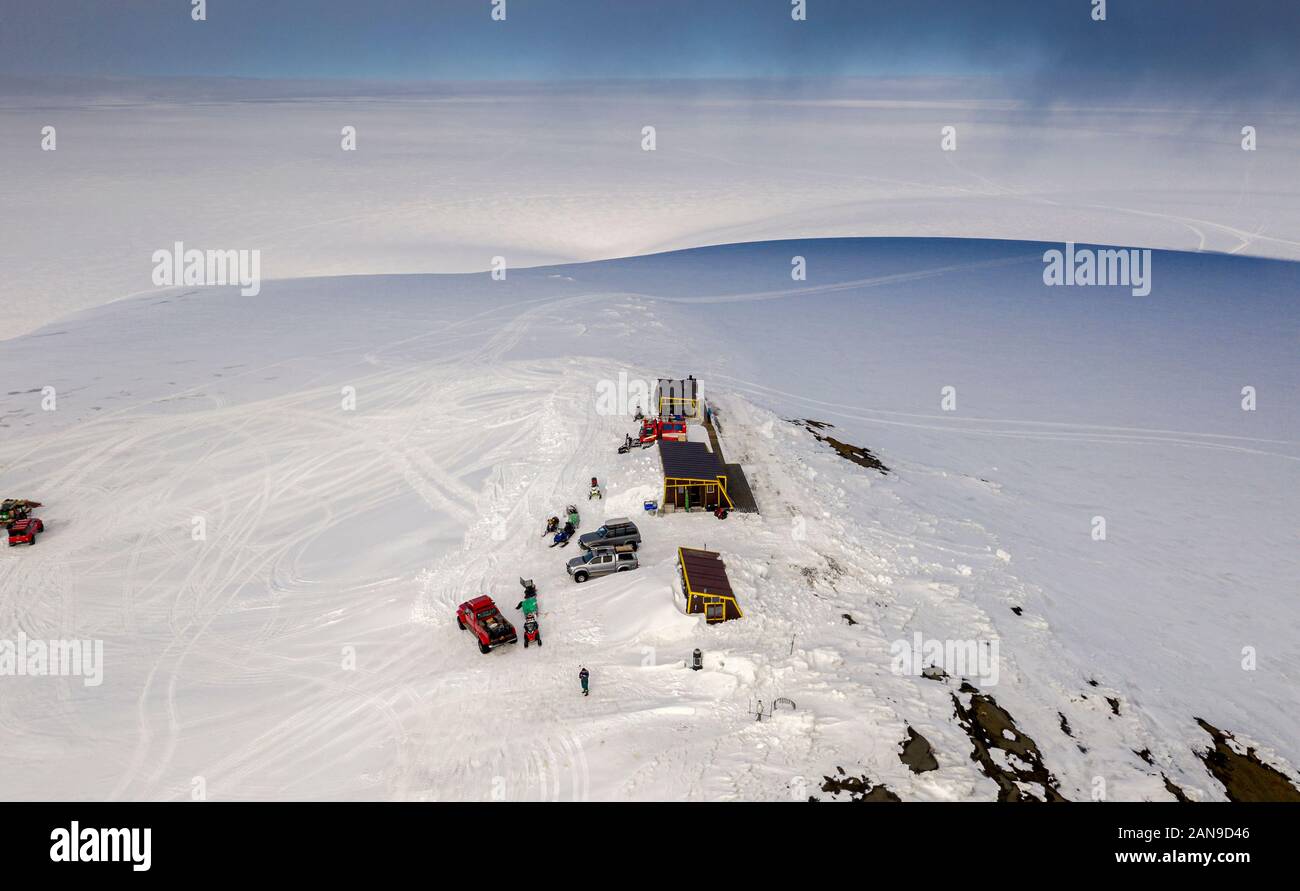 La société glaciologique expédition du printemps, Grimsvotn Hut, calotte de glace, l'Islande Vatnajokull Banque D'Images