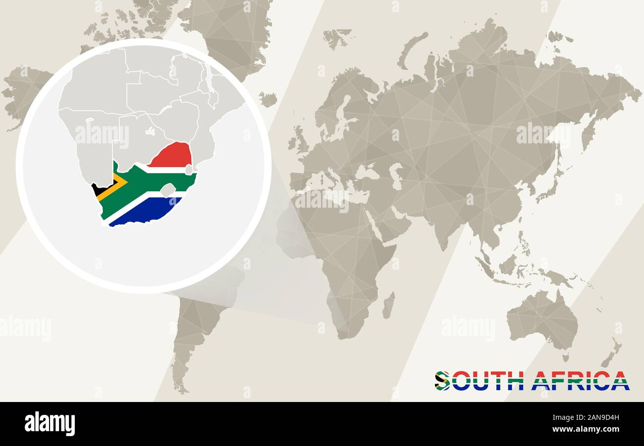 Zoom sur la carte de l'Afrique du Sud et d'un drapeau. Carte du monde