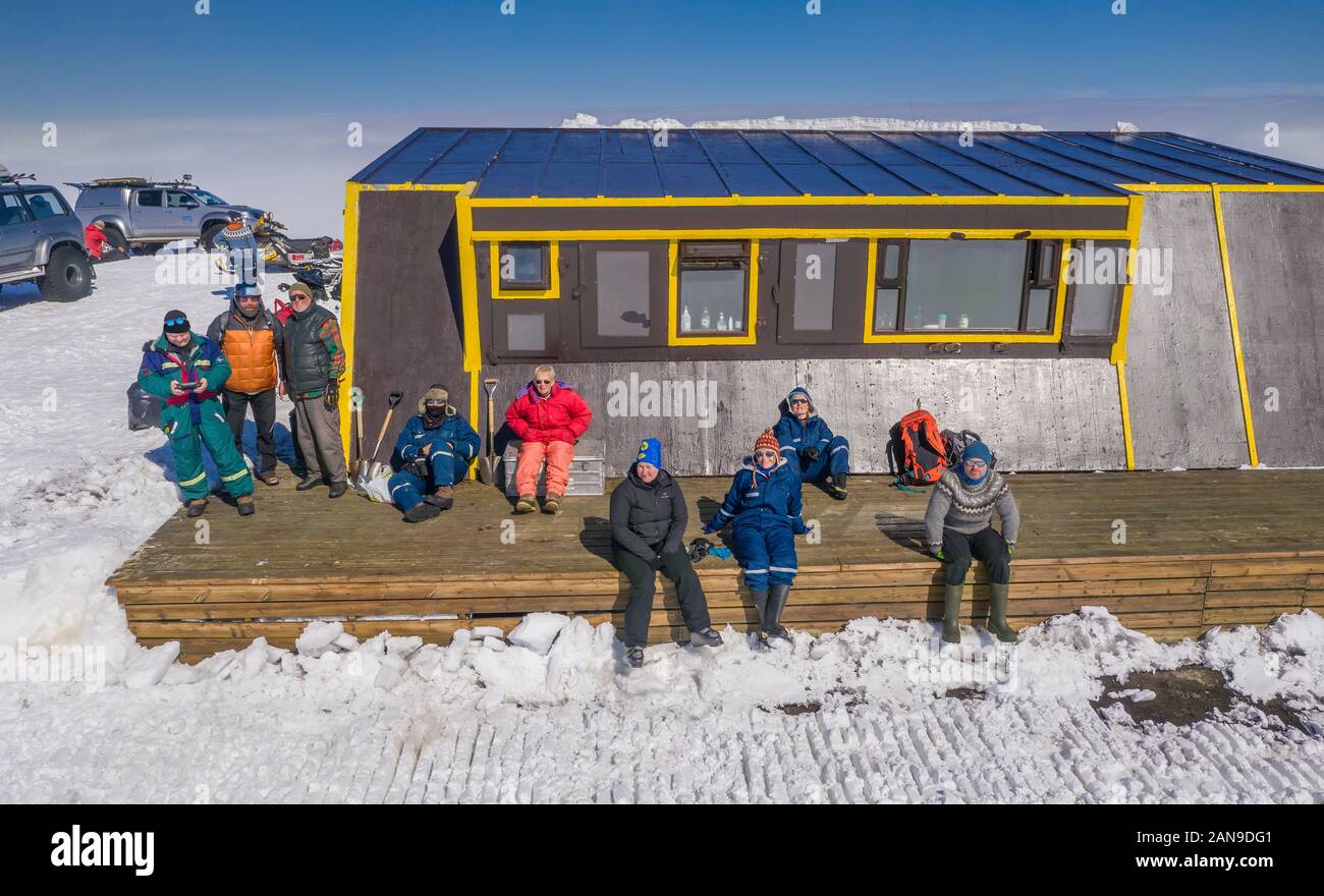 La société glaciologique expédition du printemps, Grimsvotn Hut, calotte de glace, l'Islande Vatnajokull Banque D'Images