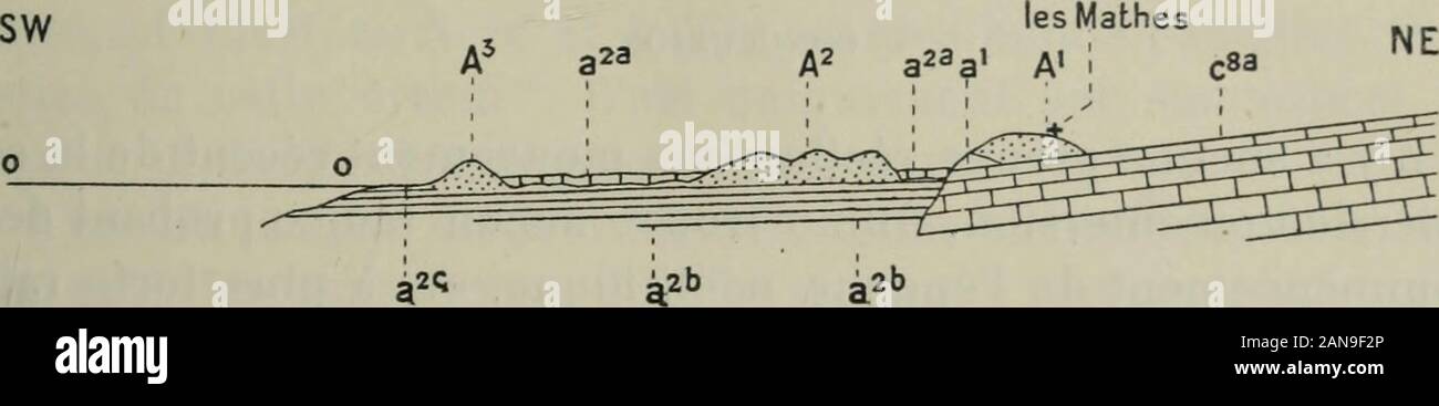 Annales de géographie . Carte géologique du département de la Charente-Inférieureà 1 : 250 000, Paris, 1852. FIXITÉ DE LA CÔTE ATLANTIQUE. 217 celle qui a comblé toutes les anses de la région ; cette assise se voitencore sur le littoral actuel, au bas de la dune du Requin, entre lephare actuel de Bonne-Anse et la digue de Bréjat ; elle découvre àmarée basse et se trouve recouverte dun peu de tourbe, que lonvoit à la base du sable dunaire, très érodé ces dernières années. En même temps que se faisait le dépôt de vase marine, il y avaitapport de sable, que le vent a poussé luron sur le coteau cr Banque D'Images