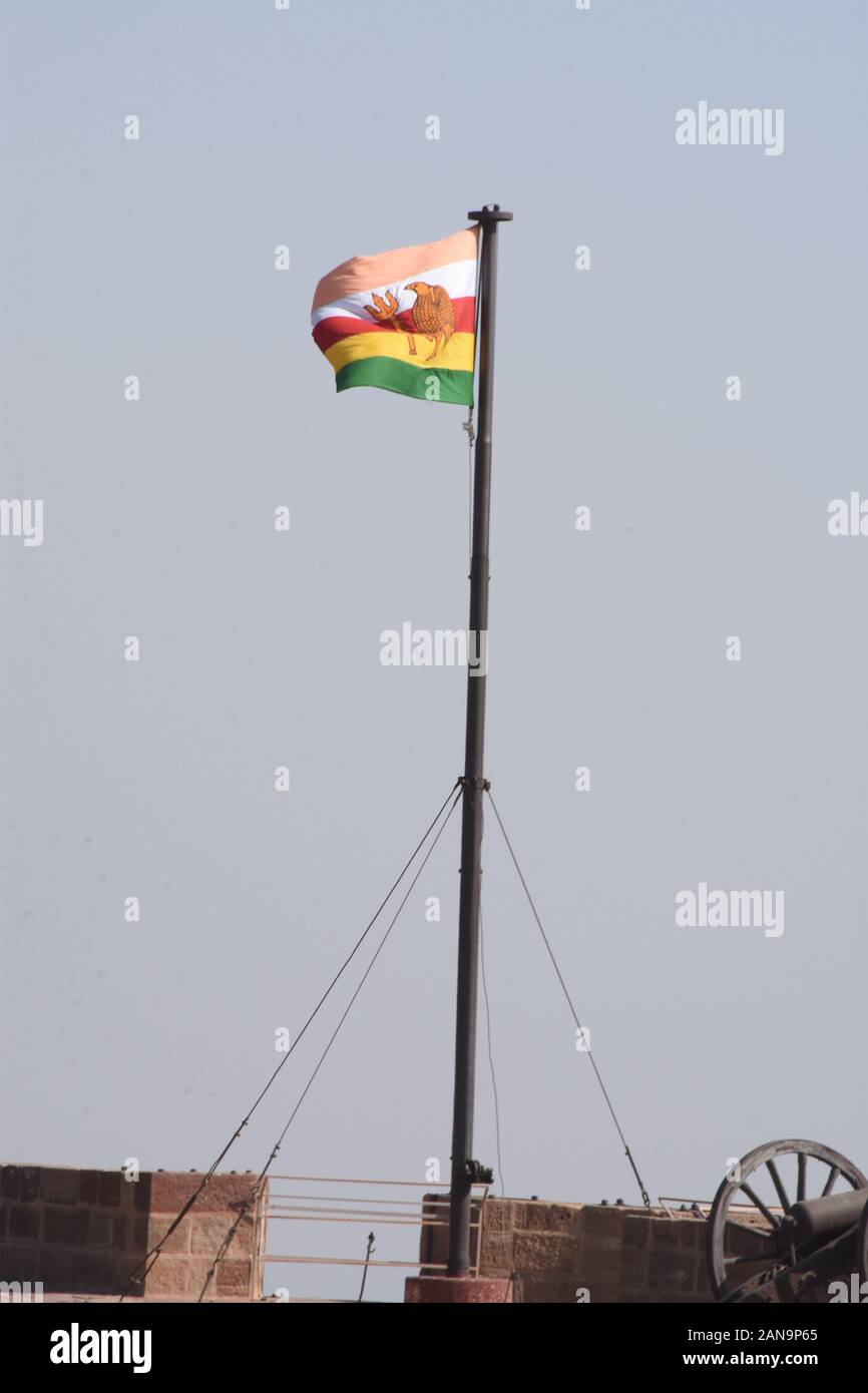 Drapeau de spéléologie sur le fort Jodhpur Maherangarh, Rajasthan Banque D'Images