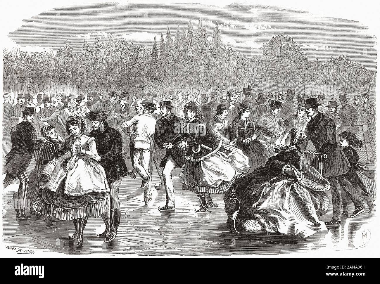 Patinage sur le lac de Suresnes, Bois de Boulogne, Paris, France. Du 6 février 1869, édition de l'Illustrated London News. Banque D'Images