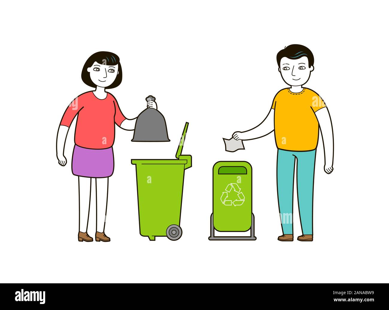 Les gens jettent les déchets dans un conteneur à ordures. Vecteur de dessin  animé de recyclage des déchets Image Vectorielle Stock - Alamy