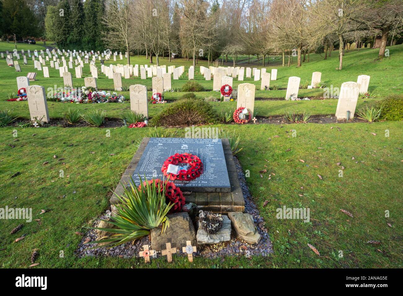 Cimetière militaire d'Aldershot avec les tombes de militaires du Commonwealth britannique et les femmes et, Hampshire, Royaume-Uni. Tombes de ceux tués dans la guerre des Malouines Banque D'Images