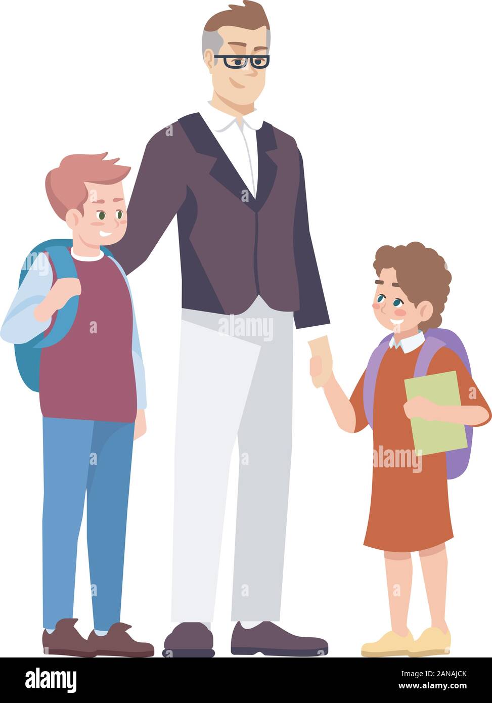 Père avec les élèves télévision vector illustration. En prenant de l'école mère preteen fils et fille de personnages de dessins animés isolated on white backgroun Illustration de Vecteur