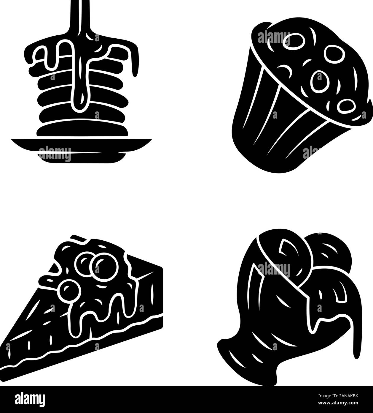 Glyphe Desserts icons set. Crêpes, muffin, gâteau au fromage, de la crème glacée. Boulangerie, pâtisserie menu. Plombir, cupcake. Les aliments sucrés, confiseries plats. Illustration de Vecteur