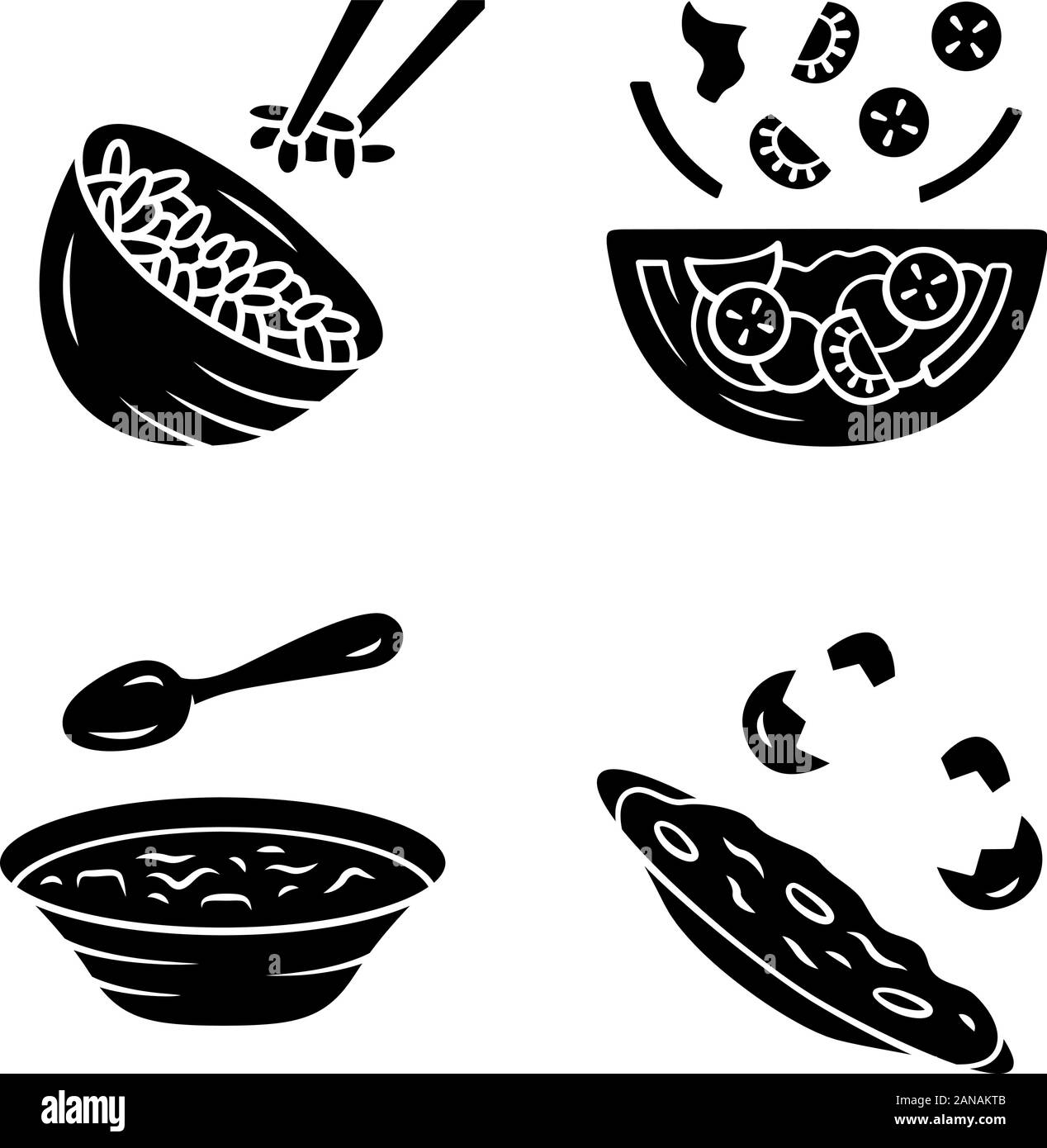 Glyphe d'aliments biologiques icons set. Riz, légumes, œufs. Salade, soupe, omelette qui était préparée pendant. Une alimentation saine. Dîner, souper menu du restaurant. Première, deuxième cours. S Illustration de Vecteur