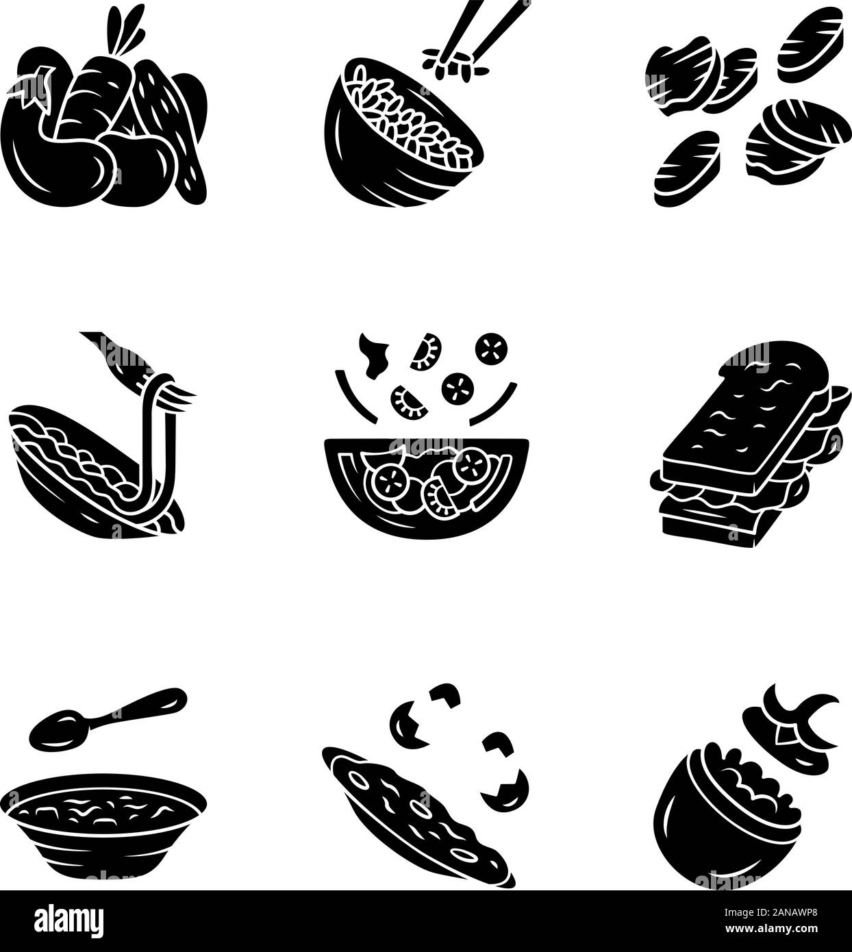 Restaurant plats menu icons set glyph. Salades, soupes, plats principaux. Riz, légumes grillés, omelettes, pâtes, sandwich. Des aliments nutritifs. Silhouette sy Illustration de Vecteur