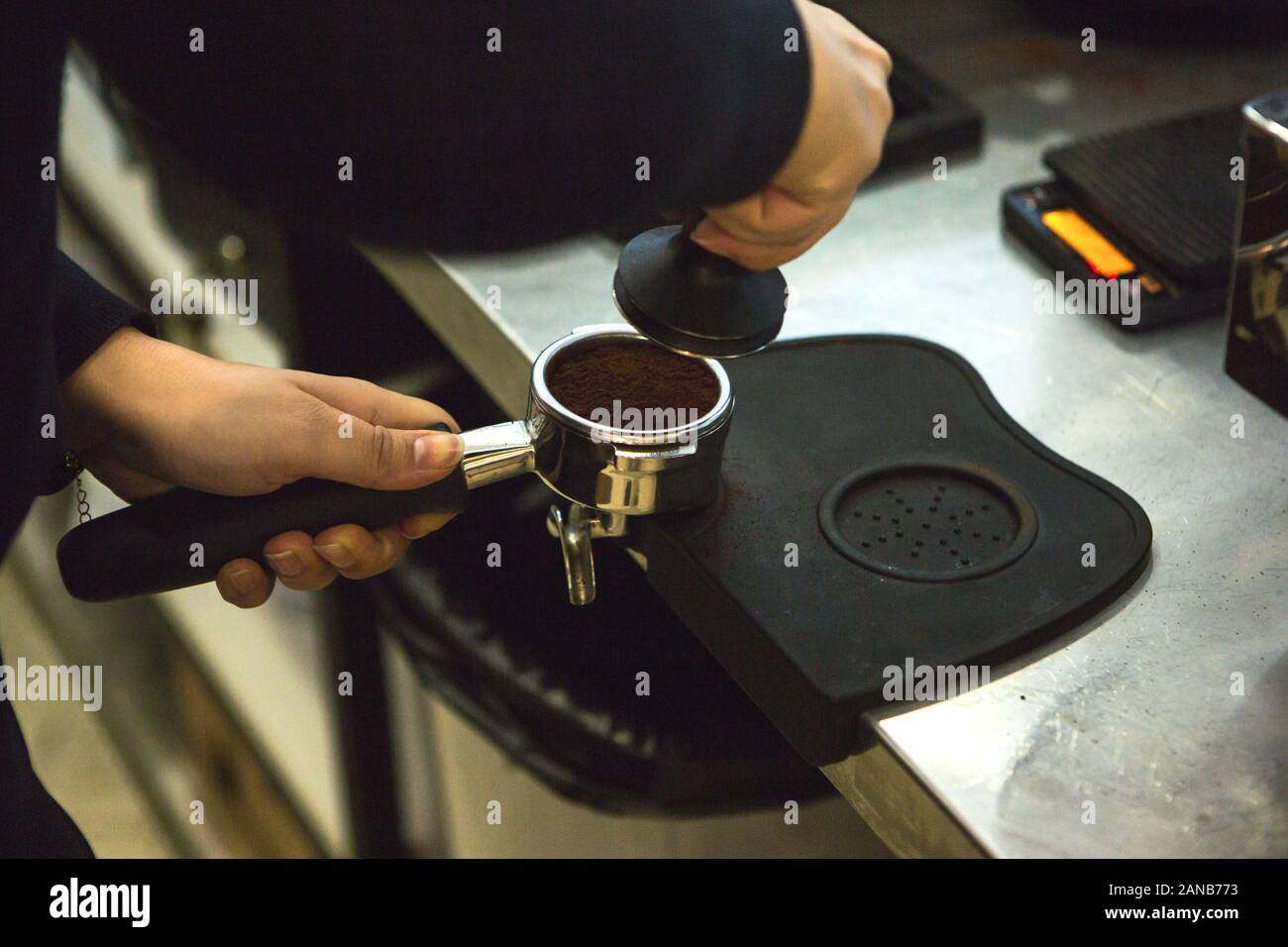 Café Barista appuie sur l'utilisation. Vue rapprochée sur les mains avec portafilter Banque D'Images