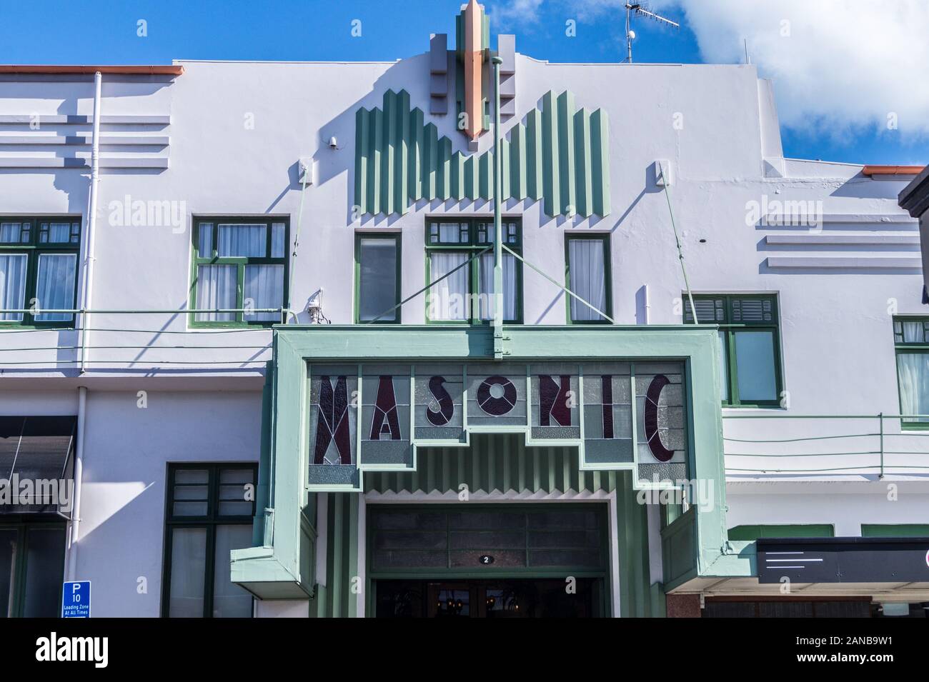 Art Deco Masonic Hotel, par William John Prouse et Norman Wilson, 1932, Napier, Hawke's Bay, île du Nord, Nouvelle-Zélande Banque D'Images