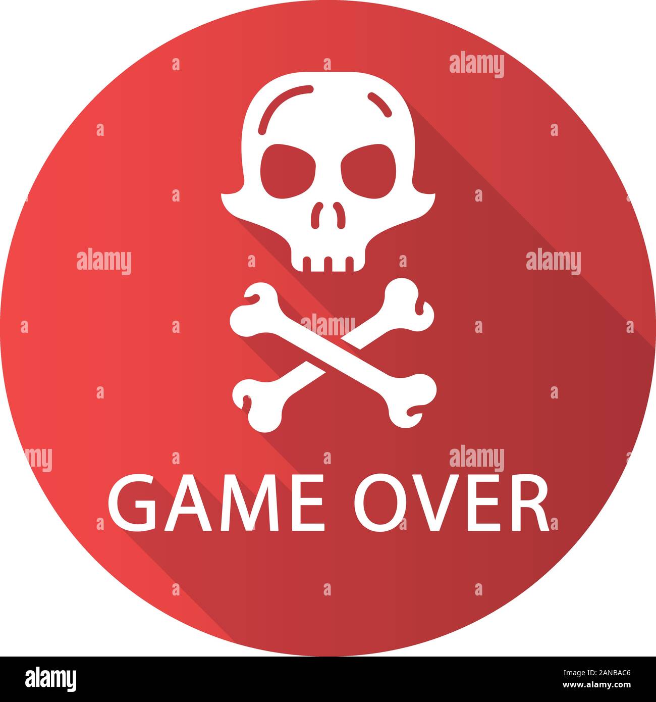 Game Over design plat long shadow icône glyphe. Niveau de jeu vidéo virtuel fini, l'échec. Crâne avec mort. Loisirs, cybersports signe. Ordinateur gam Illustration de Vecteur