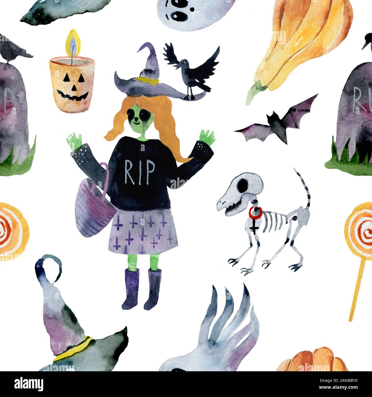 Modèle logique pour l'Halloween. Citrouille, fantôme, bat, bonbons, et d'autres articles sur le thème de l'Halloween. Cartoon Halloween pour motif lumineux Banque D'Images