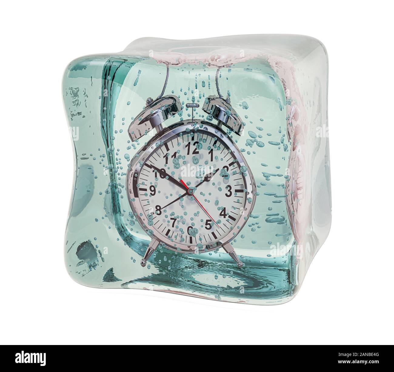 Réveil gelés en glaçon. Arrêter le temps, rendu 3D concept isolé sur fond blanc Banque D'Images