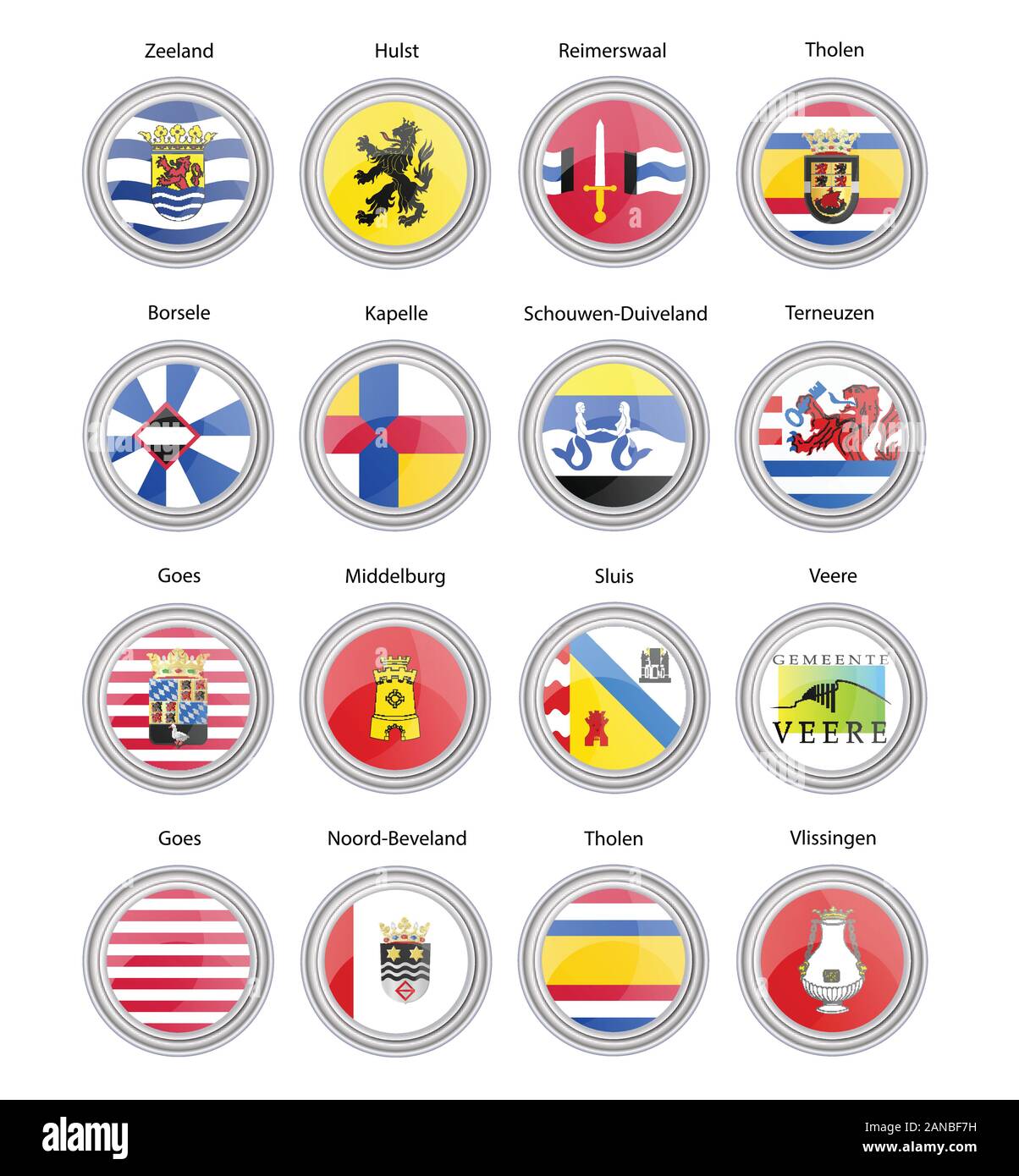 Ensemble d'icônes vectorielles. Municipalités de la province de Zélande aux Pays-Bas (drapeaux). Vecteur. Illustration de Vecteur
