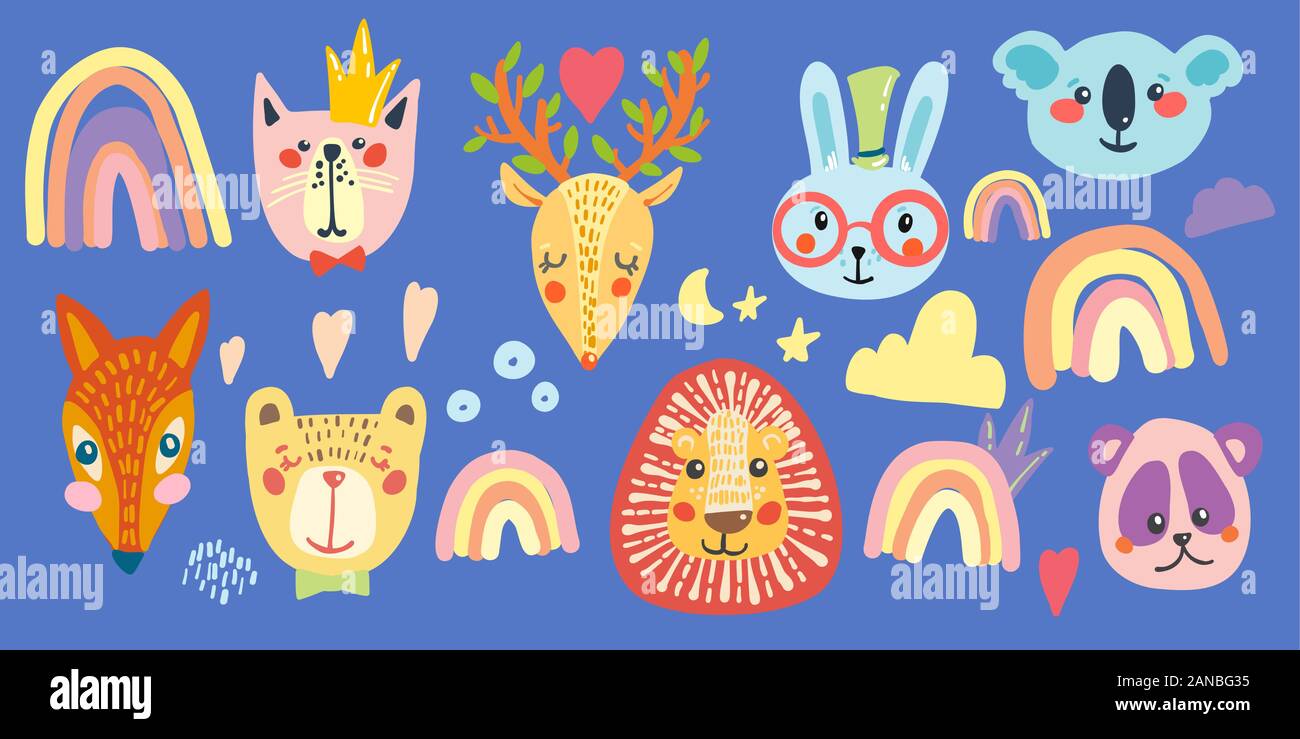 Visages d'adorables animaux. Vector cartoon illustrations Illustration de Vecteur