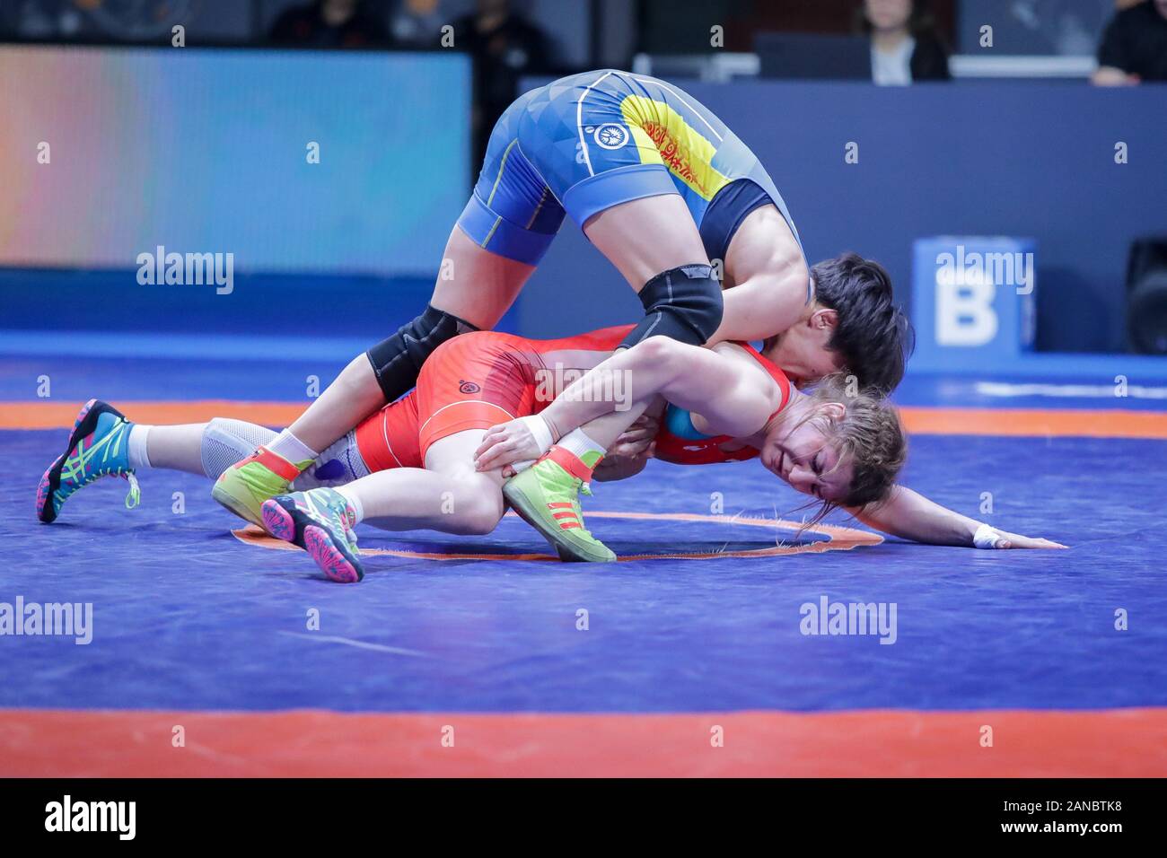 Janvier 16, 2020, Roma, Italie : Roma, Italie, le 16 Jan 2020, liubov oucharova aisoluu (Russie) contre l'tynybekova (Kazakhstan) pendant 1Â° Tournoi International de la série Classement - Jour2 - Lutte - Crédit : LM/Luigi Mariani (Image Crédit : © Luigi Mariani/LPS via Zuma sur le fil) Banque D'Images