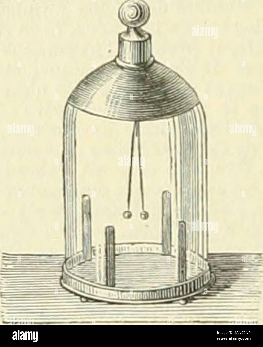 Arquivos . a rencontré les non-seulement de reconnaltre la pré-sence de rélectricité dans un corps, maisaussi den determine nature vitrée. ourésineuse 11 se compose dune petite clochede verre renversée, enduite extérieurement,k sa partie supérieure, dune mince couche degomme laque, la déperdition pour derélectricité, et traversée k fils sommet parune tige métallique verticale, enhaut terminée par une boule de cuivre, et en bas laraes pardeux portant de petits trous dans les-quels passent les fils destine à supporterlesdeux pailles ou feuilles d'or, pendantes qui li-brement, k une petite distance T Banque D'Images