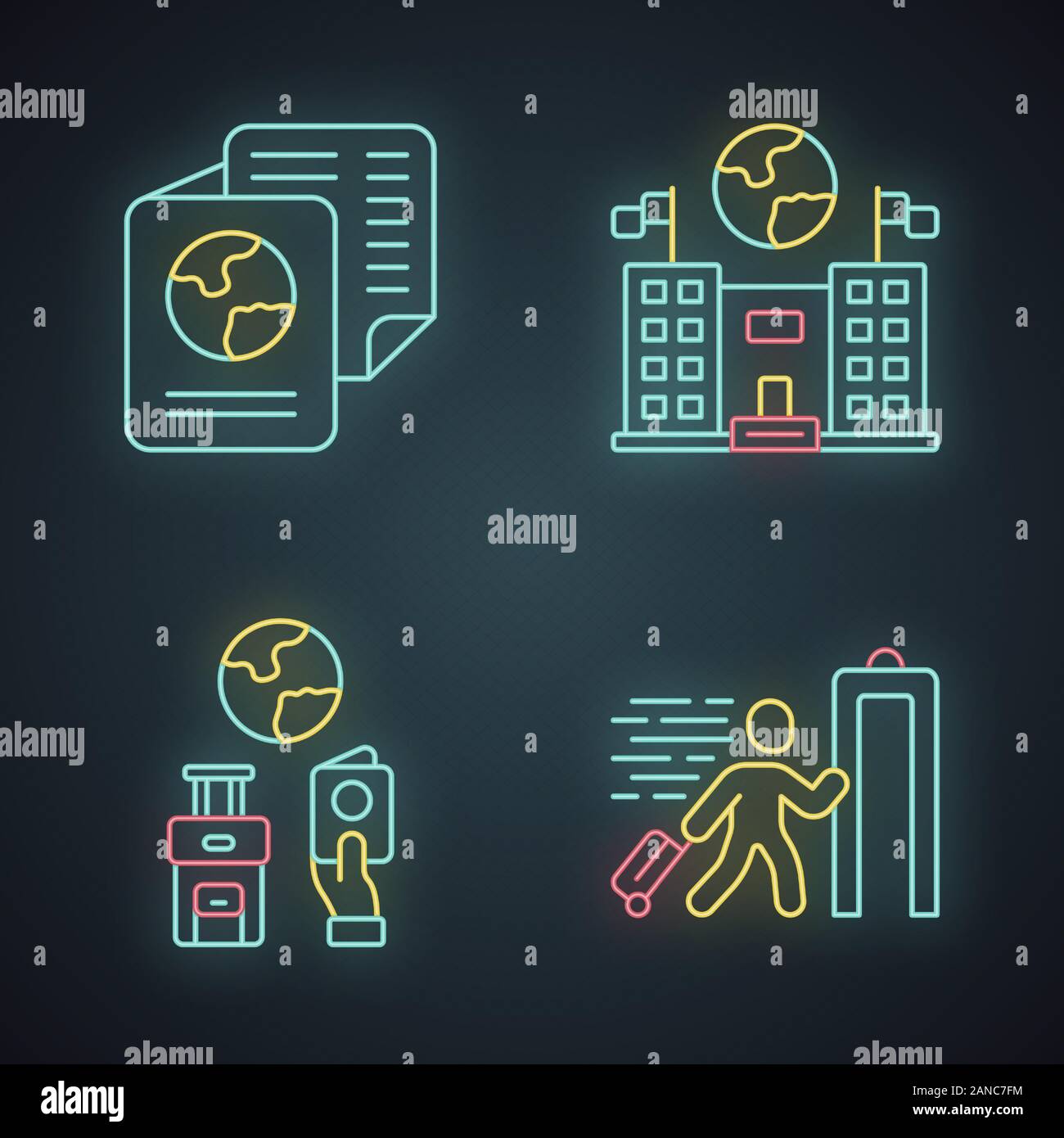 L'immigration neon light icons set. Ambassade et Consulat. Les documents de voyage, contrôle de sécurité. L'équipement de voyage. Réfugiés, de l'immigrant. Voyageant abr Illustration de Vecteur