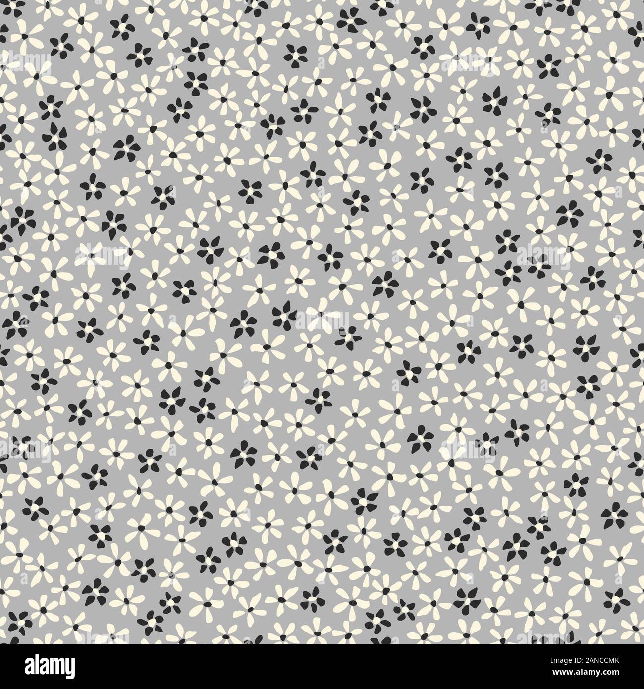 Allover Ditsy Floral motif transparent graphiques vectoriels. Petite Main simpliste tirée White Daisies, dispersés Abstract fleurit sur fond gris. Un minimum de Illustration de Vecteur