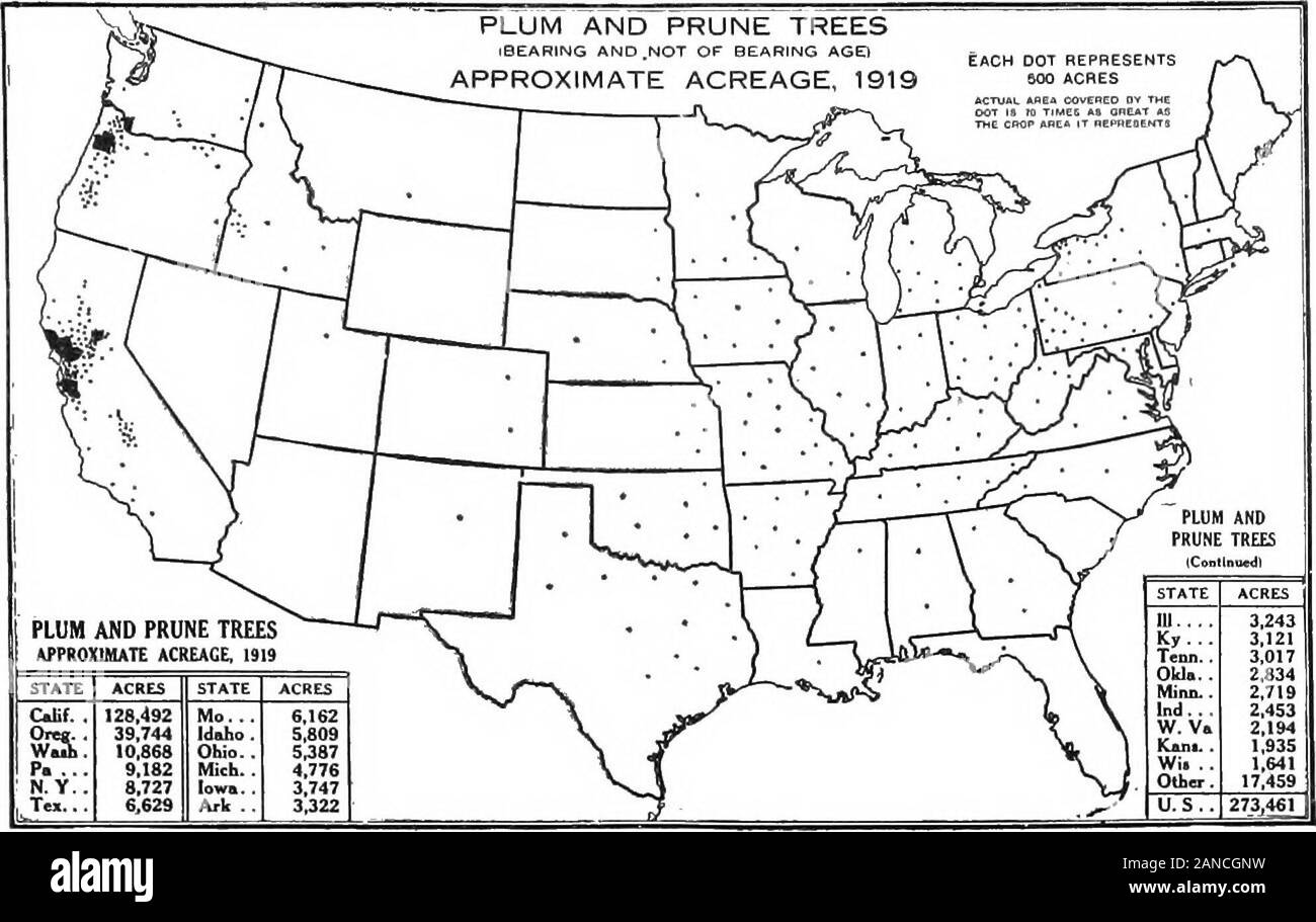 Un résumé graphique de l'agriculture américaine, largement fondé sur le recensement de 1920 ... . Fig. 65.-Californie produit près d'un tiers de la récolte de pêches des Nations Unies en 1919, le comté de Fresno produisant à lui seul un dixième. La Géorgie s'est classé deuxième, avec Texas aclose troisième. La culture de New York a été grandement réduite par un gel tardif, mais la récolte de NewJersey était grande. Il convient de noter que la production de pêches ce yeardid pas presque aussi tar pour le nord et l'ouest que la superficie. Le Valleyin Yakima, Washington la ceinture de pêche à l'Est du Grand Lac Salé en Utah, et le Grand quartier dans Junction-Dcltii Col Banque D'Images