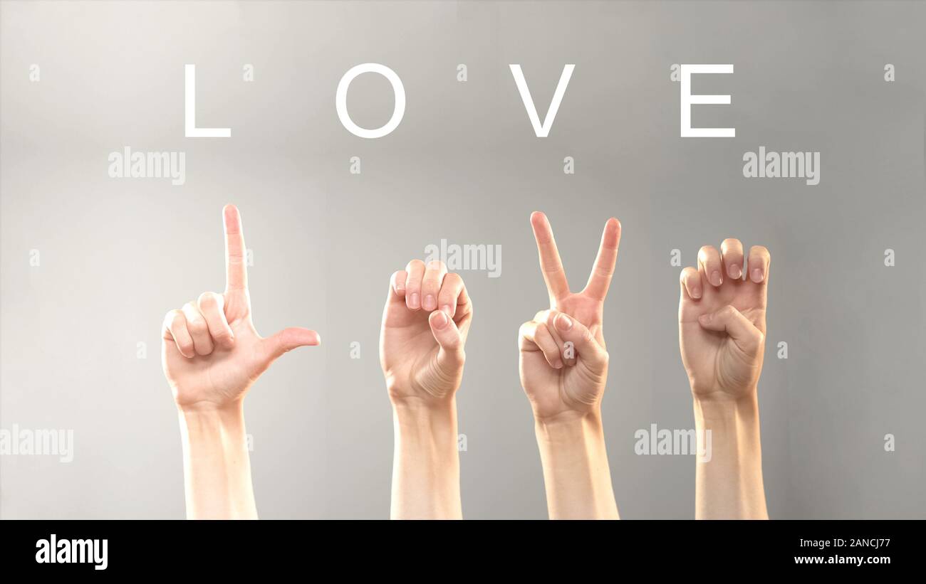 Amour Mot Ecrit Et Illustre Avec Les Mains En Langage Asl Sourds L Expression Des Sentiments Photo Stock Alamy