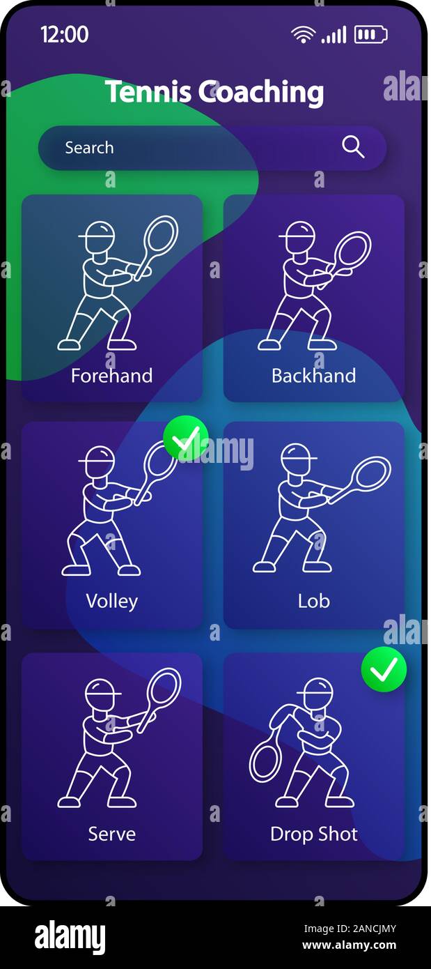 Coaching Tennis smartphone interface logiciel modèle de scénario. Page de l'application Mobile design couleur Mise en page. Joueur de tennis de l'écran de formation. L'ASSURANCE-CHÔMAGE pour linéaire appli Illustration de Vecteur