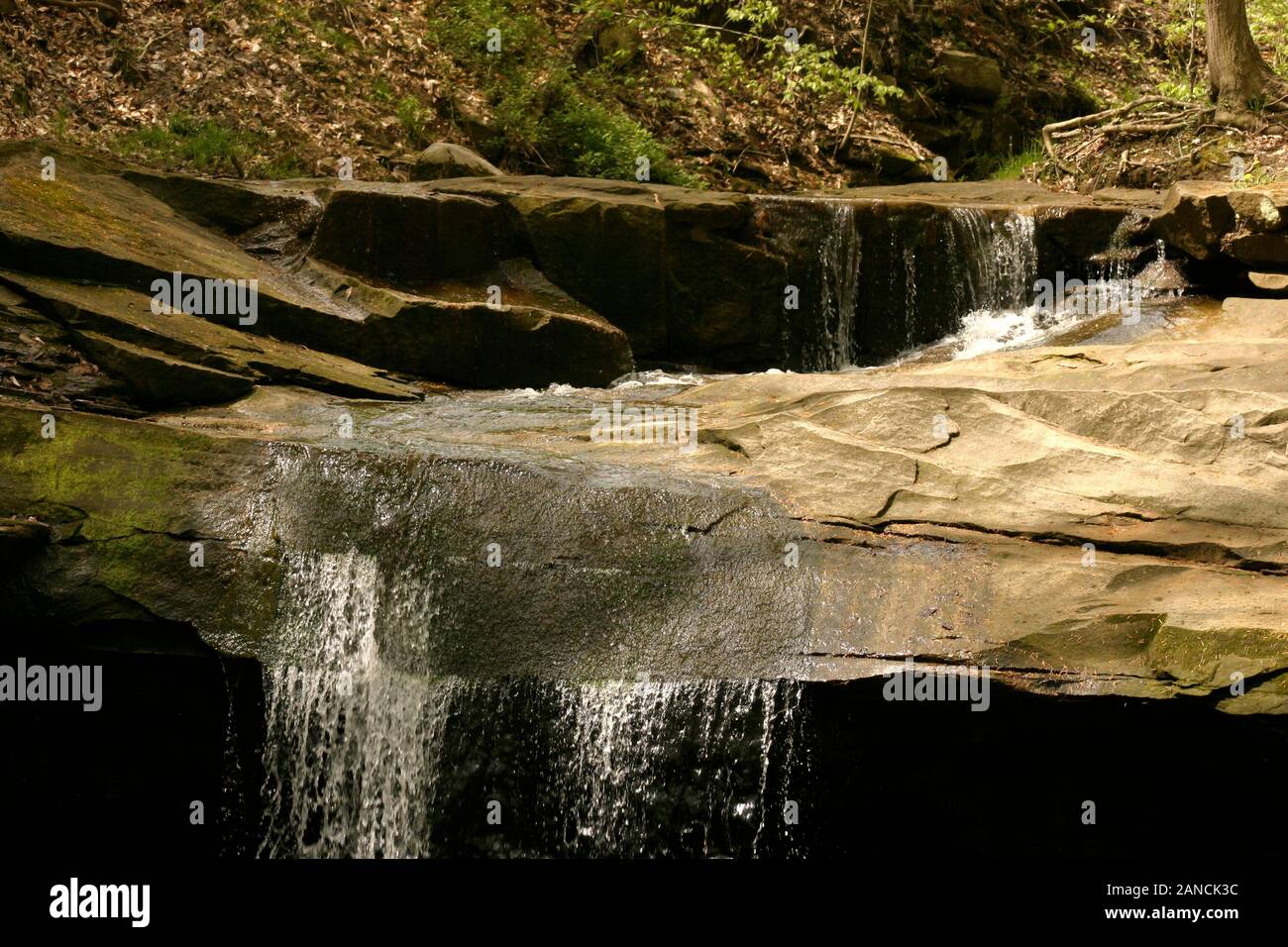 Les eaux de la cascade du ruisseau de Printemps à Blue Hen Cascade dans le parc national de Cuyahoga Valley, OH, États-Unis Banque D'Images