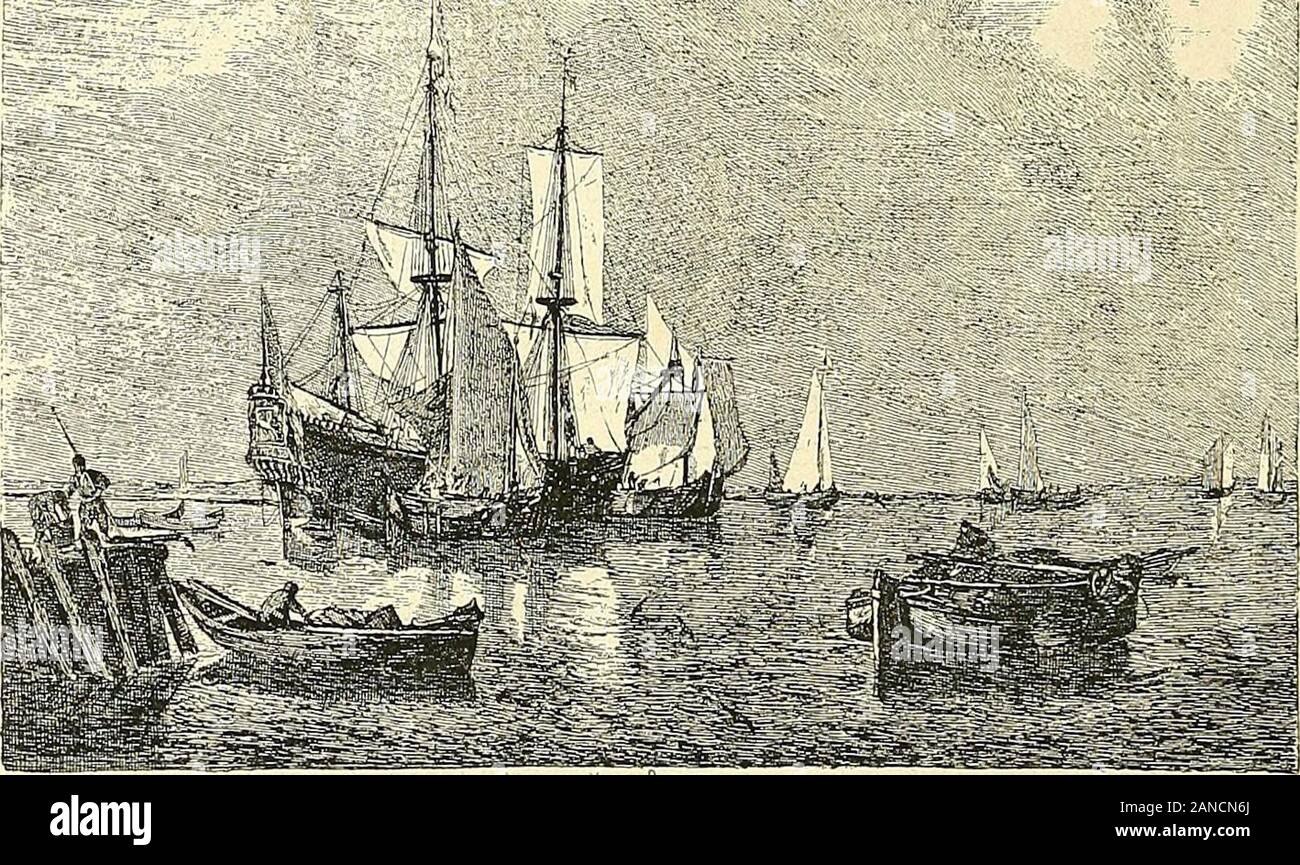 Gazette des beaux-arts . e lonpuisse voir. Le Calme de Willem Van deVelde, avec son ciel clair, ses eaux miroi-tantes et cet élégant trois-mâts qui se pavane au soleil, humiliant lespetits navires qui lentourent, is also a copy de premierordre, et à défaut de date il porte trop le cachet du meilleur style dupeintre [pour ne pas être de sa période hollandaise, antérieure à sa bri-tannisation. Les initiales du peintre se lisent sur le bord dune estacade : Van de Velde ne doit pas nous faire oublier son maître, élève de sonpère : Simon de Vlieger, dont le Moerdyck est dune finesse ex Banque D'Images